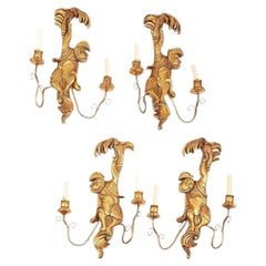 Set of Four (4) Mid-Century Venetian Italian Carved Giltwood Monkey Form Sconces