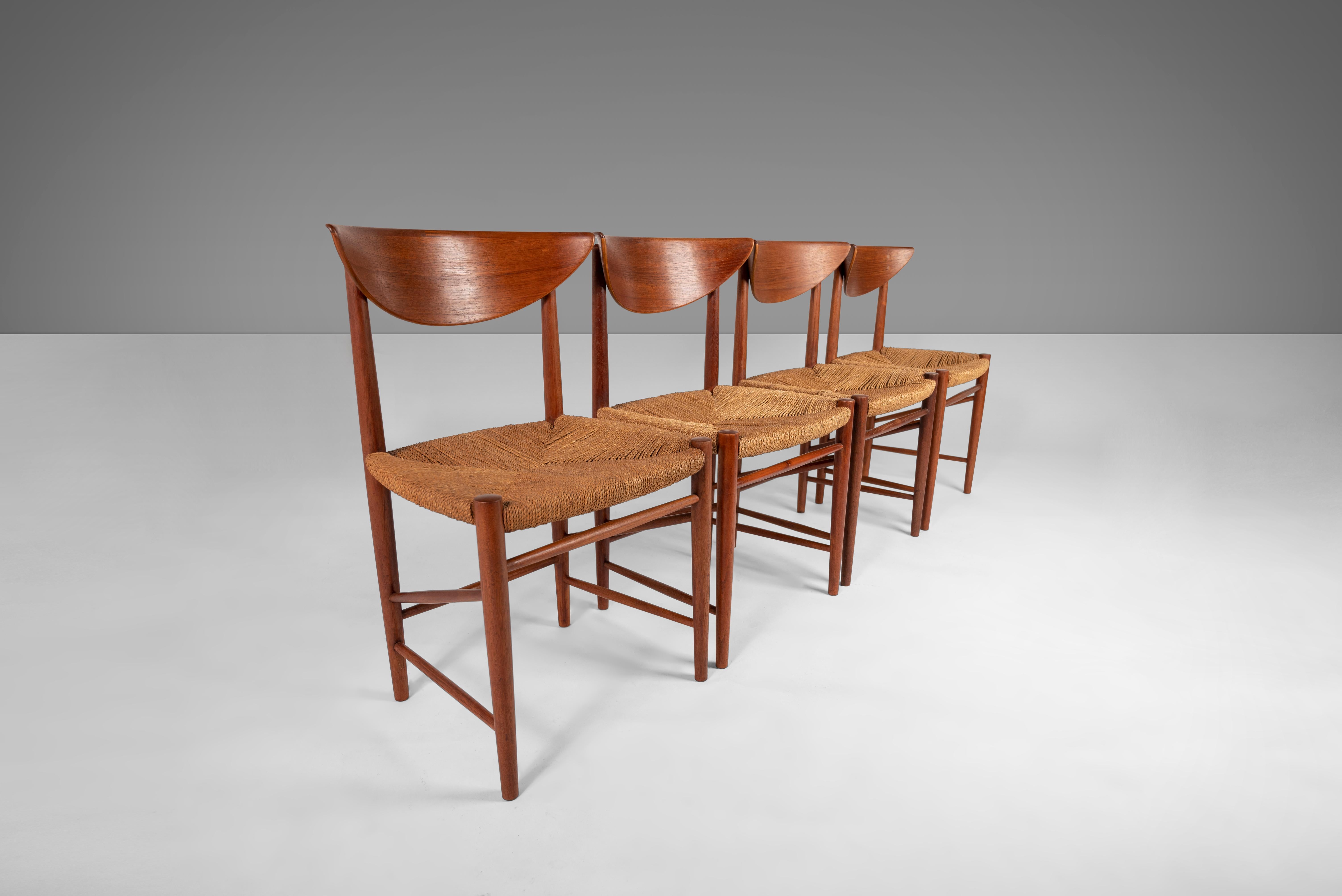Set of six Peter Hvidt and Orla Mølgaard-Nielsen model 317 dining chairs, circa late 1950s. These all original examples have a rich deep color to the teak frames and the cord seats are in excellent original condition as