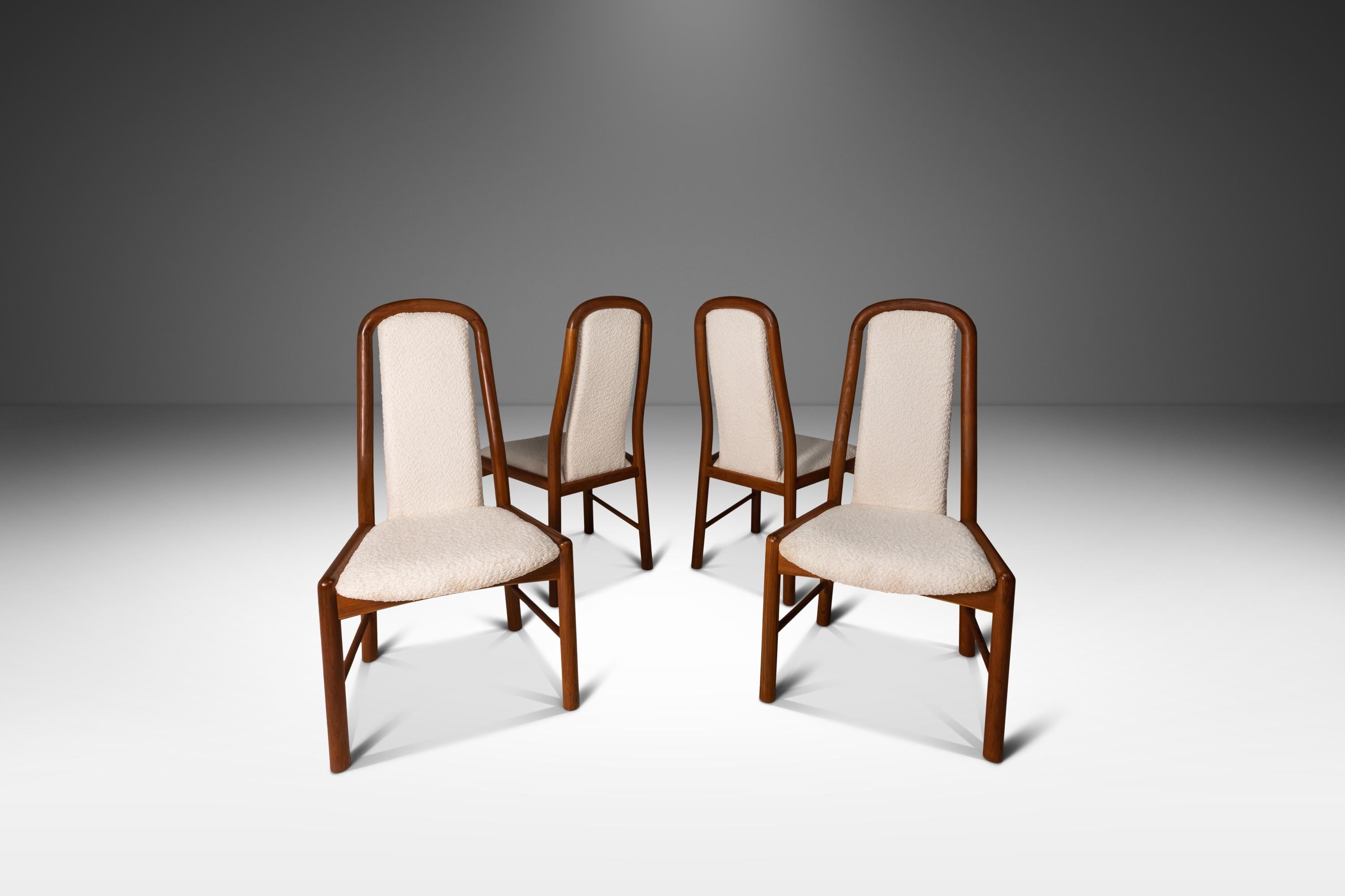 Scandinavian Modern Set of Four (4) Scandinavian Dining Chairs Teak & Bouclé by Benny Linden, 1970's For Sale
