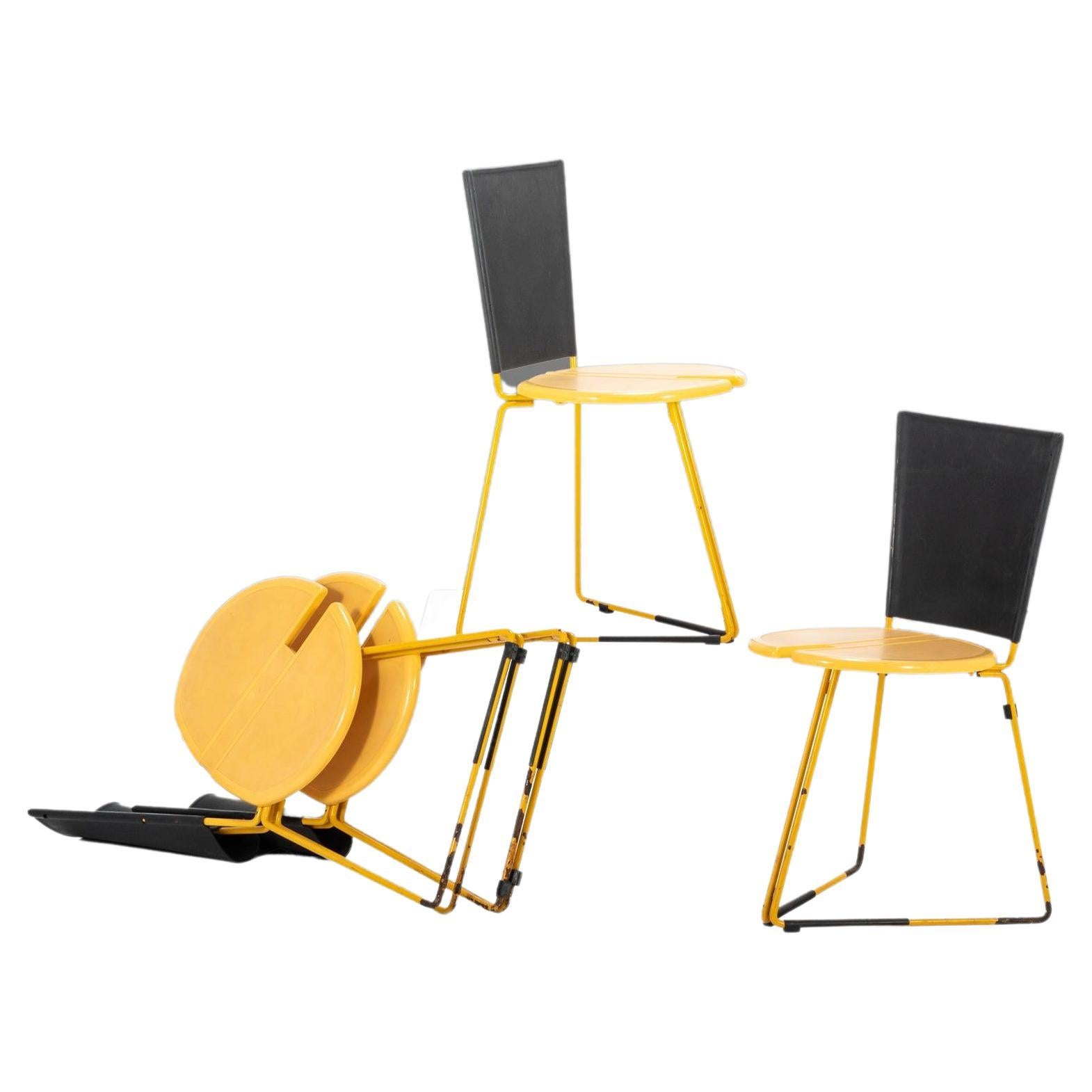 This playfully designed set of chairs is as stylish as they are versatile. Foldable, stackable and lightweight these chairs can be taken practically anywhere and stored with ease when not in use. The canary yellow and black or 'bumble bee' scheme is