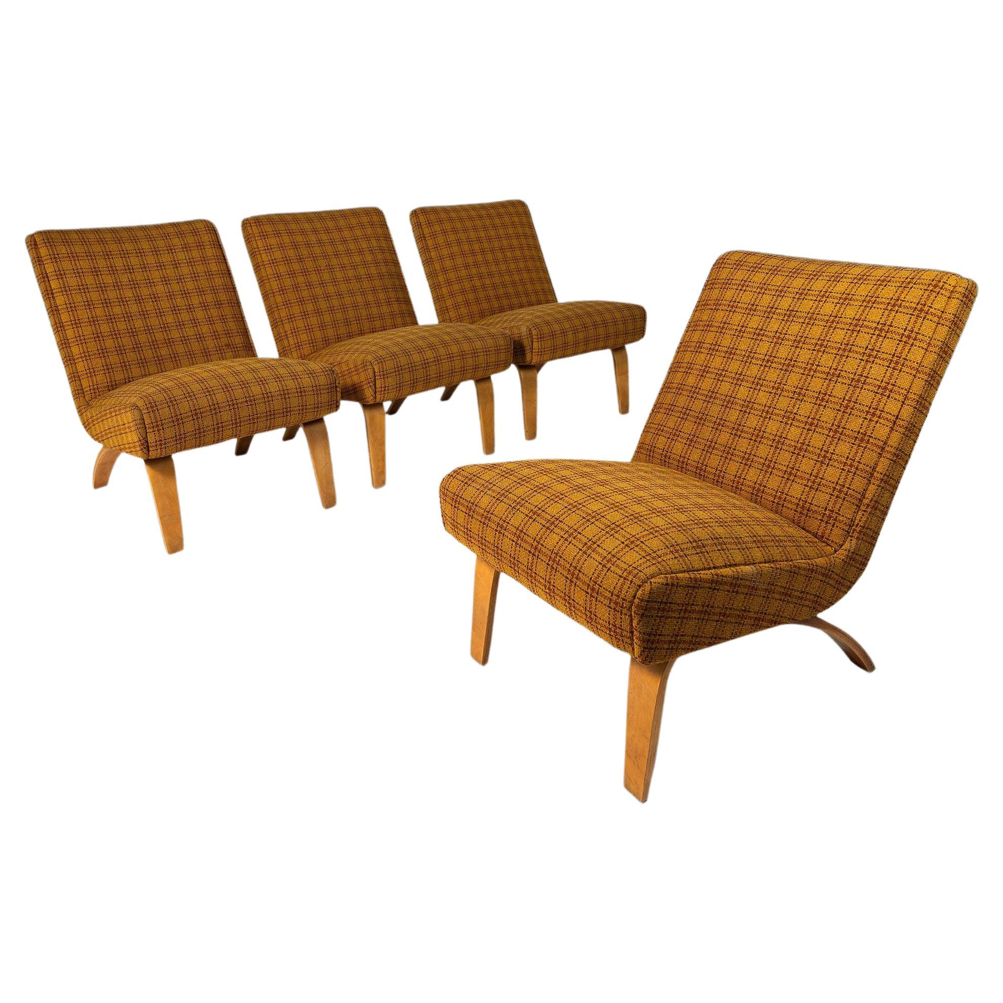 Set of Four '4' Slipper Chairs in Original Yellow Plaid Wool Fabric by Thonet For Sale