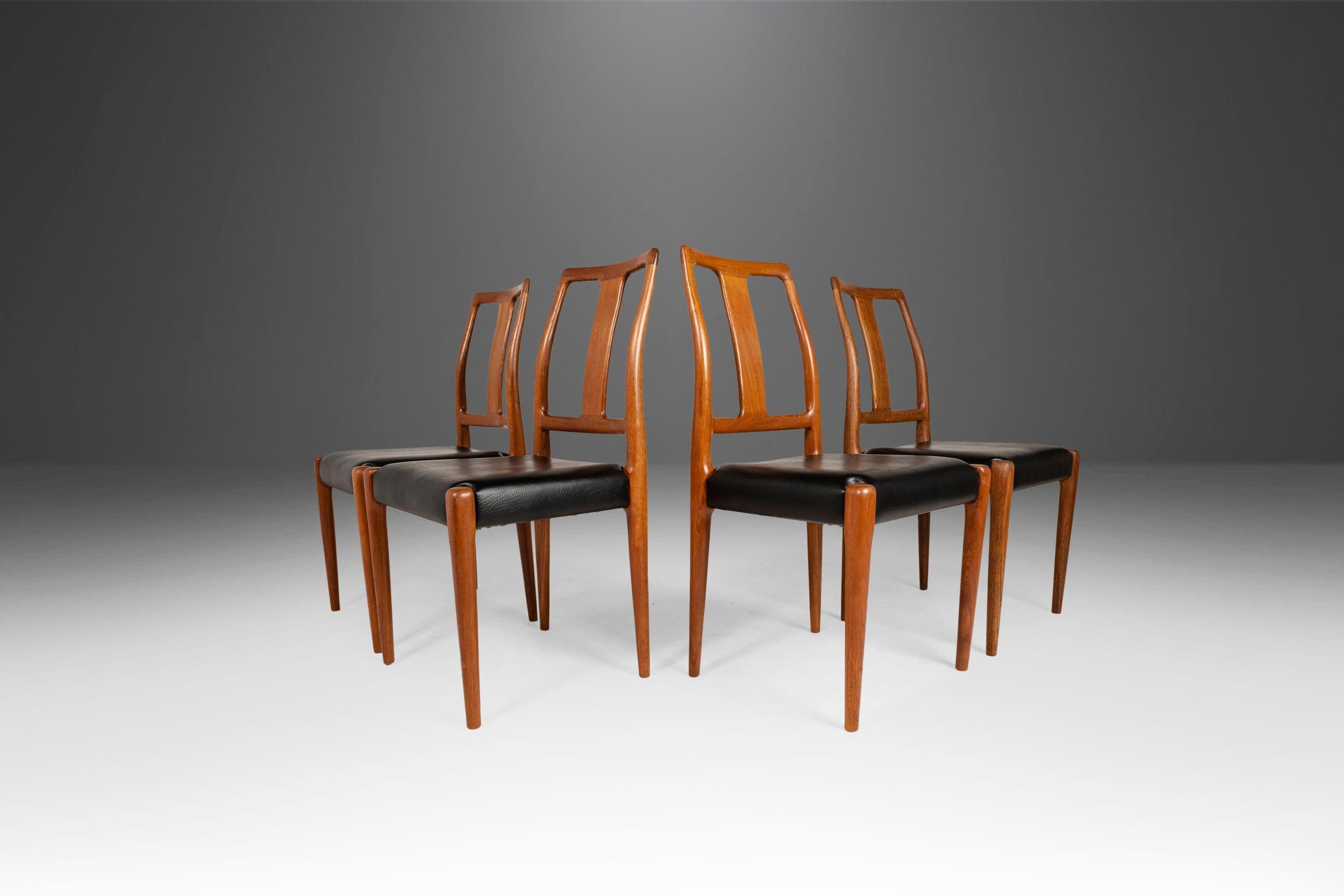 Equal parts comfort and style this visually stunning set of dining chairs, produced by D-SCAN and styled after Johannes Andersen are the epitome of Scandinavian Minimalism. Constructed of solid teak with exceptional woodgrains and featuring gently
