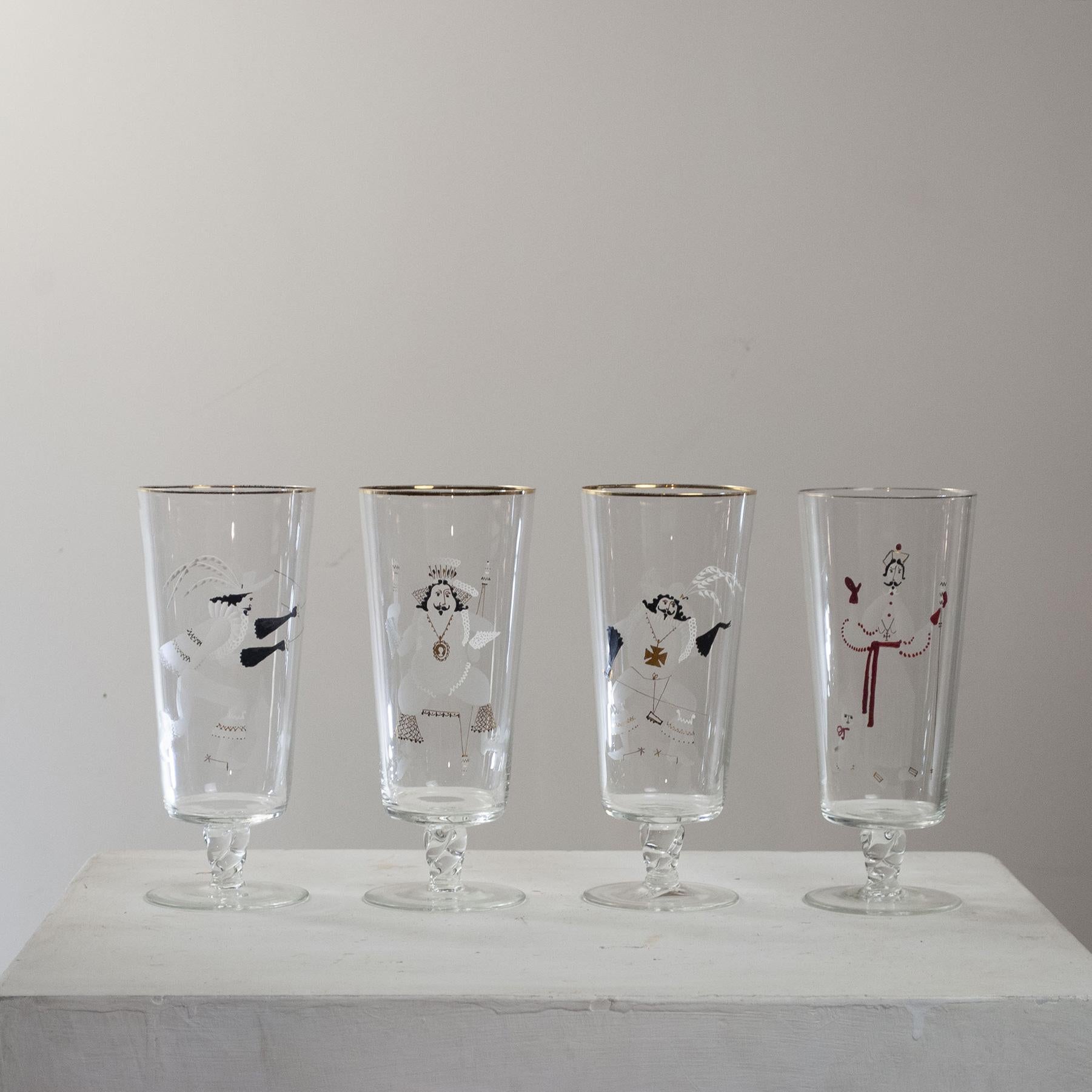 Set of four finely crafted glasses depicting the three musketeers and Cardinal Richelieu, French production from the 1960s.