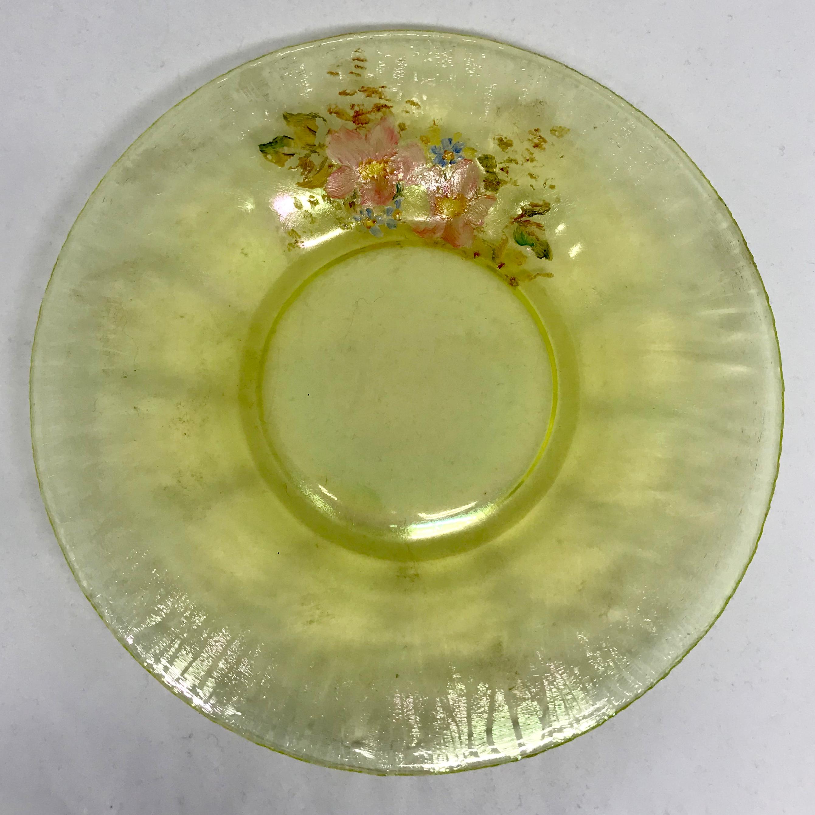 American Set of Four Acid Green Floral Glass Plates For Sale