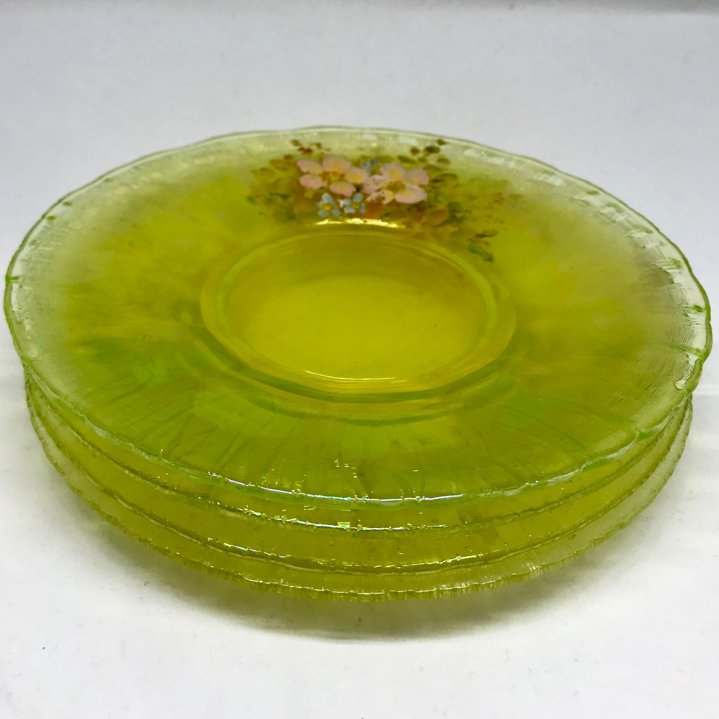 19th Century Set of Four Acid Green Floral Glass Plates For Sale