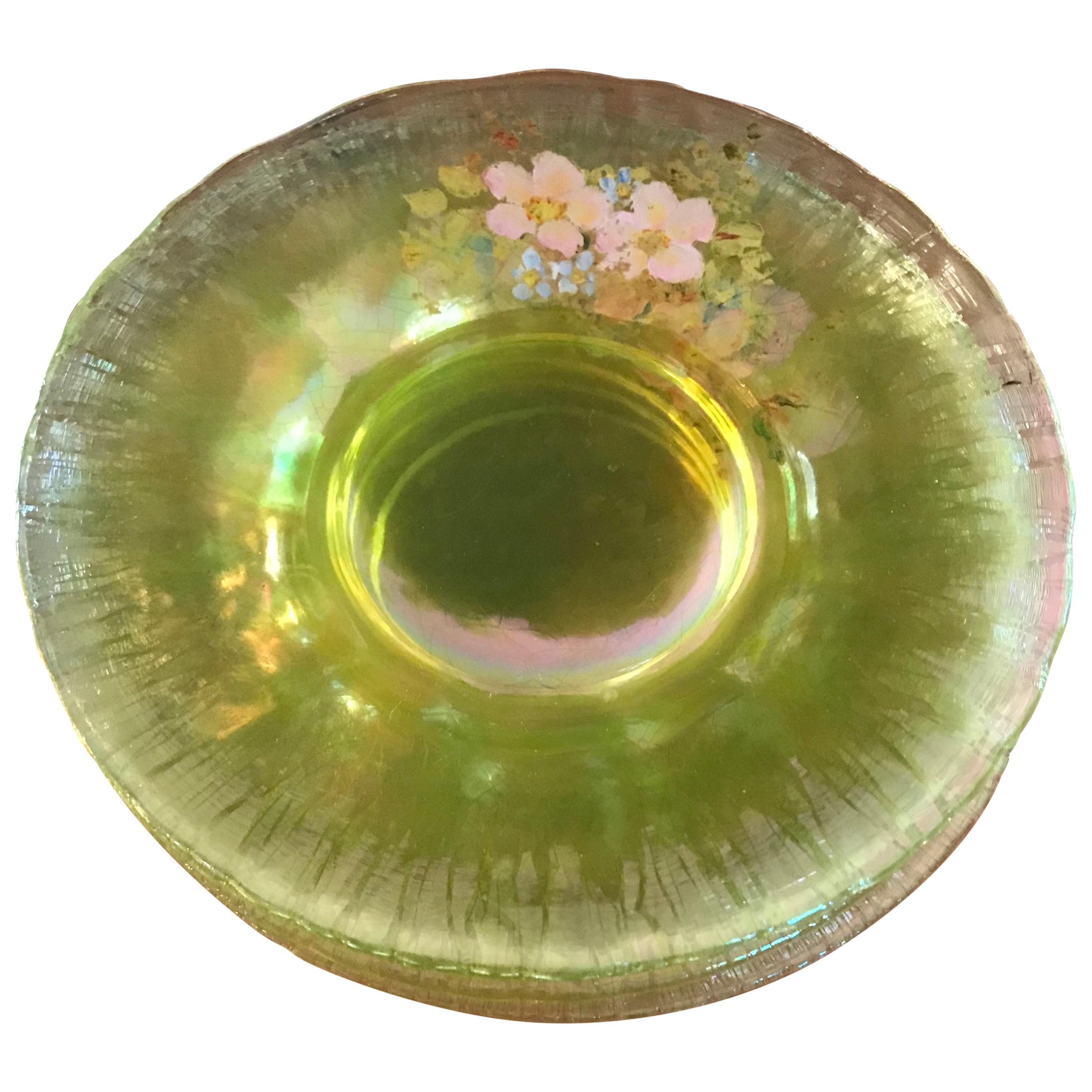 Set of Four Acid Green Floral Glass Plates
