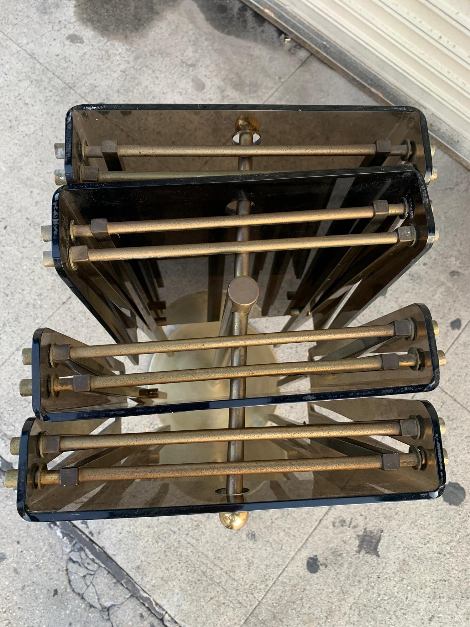 Set of Four Acrylic and Brass Serving Trays and Stand by Charles Hollis Jones In Fair Condition For Sale In Los Angeles, CA