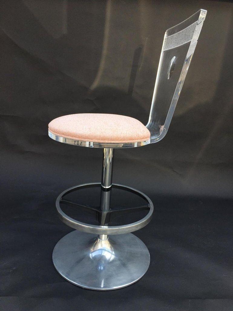American Set of Four Acrylic & Metal Bar Stools with Fabric Cushions. U.S.A. 1980's. For Sale