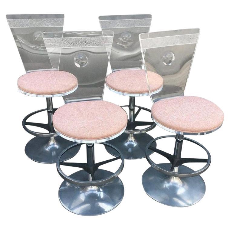 Set of Four Acrylic & Metal Bar Stools with Fabric Cushions. U.S.A. 1980's. For Sale