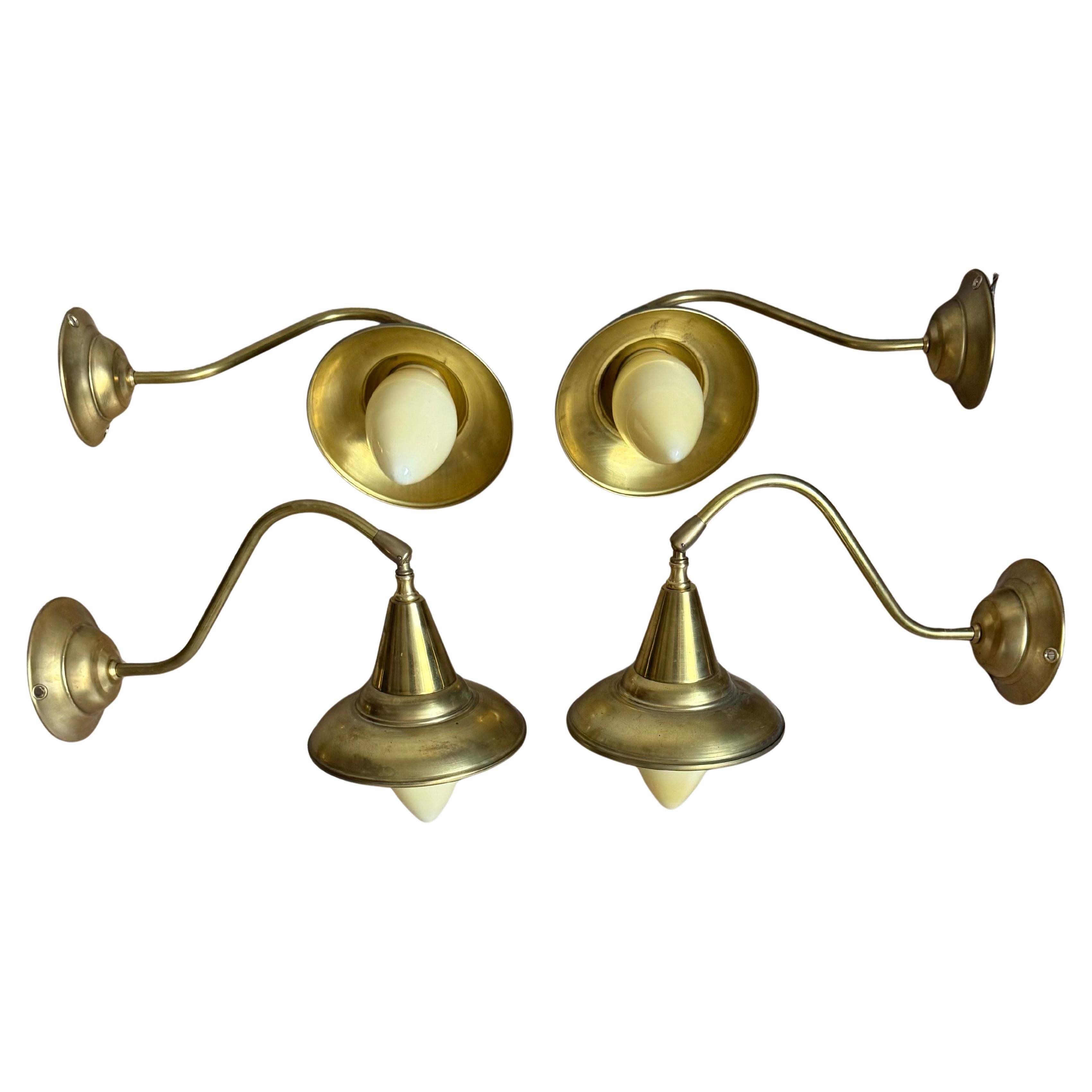 Set of Four Adjustable Mid-Century Brass and Opaline Glass Wall Sconces, 1970s