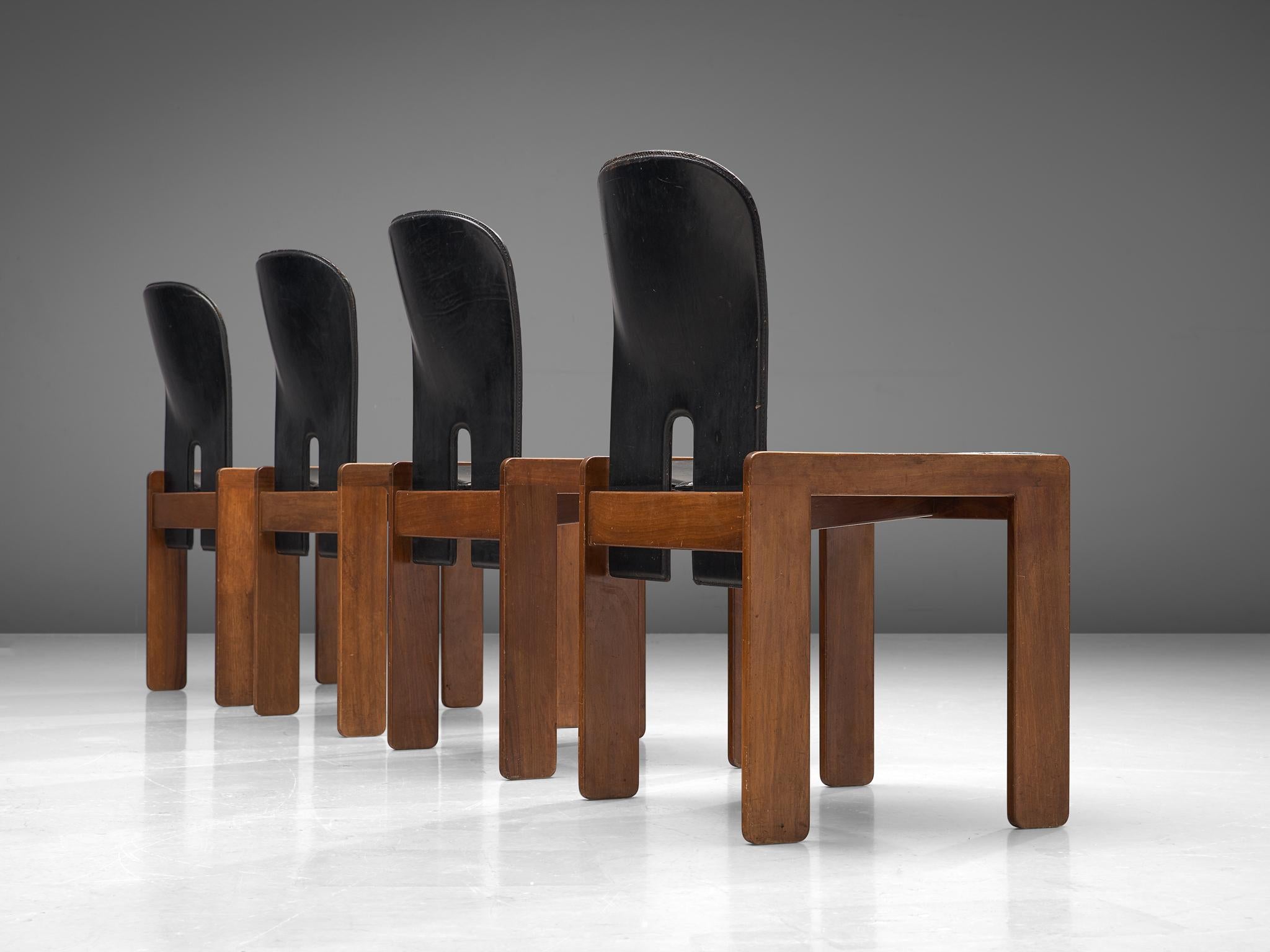 Mid-Century Modern Set of Four Afra and Tobia Scarpa Chairs in Black Leather and Walnut