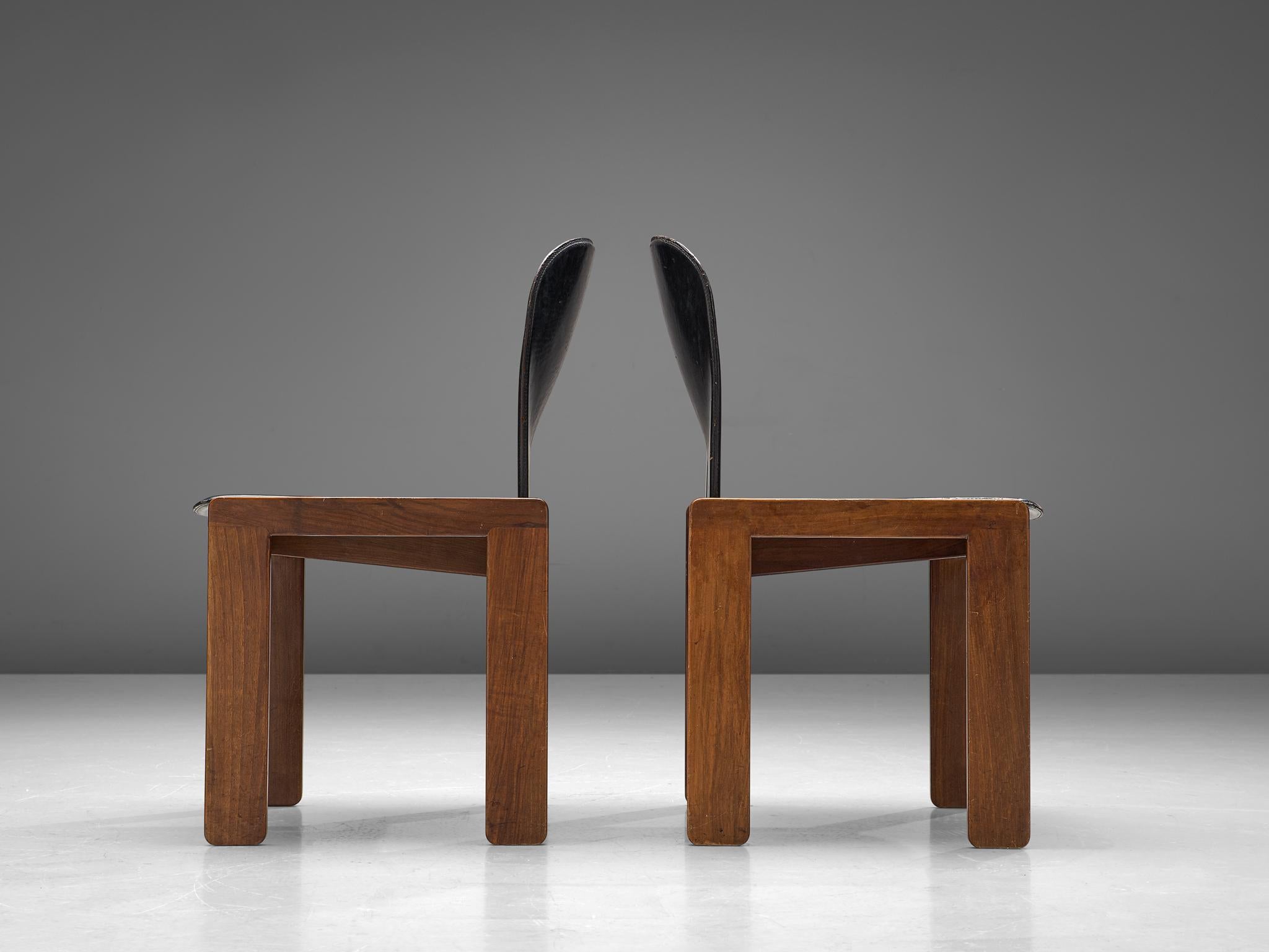 Italian Set of Four Afra and Tobia Scarpa Chairs in Black Leather and Walnut