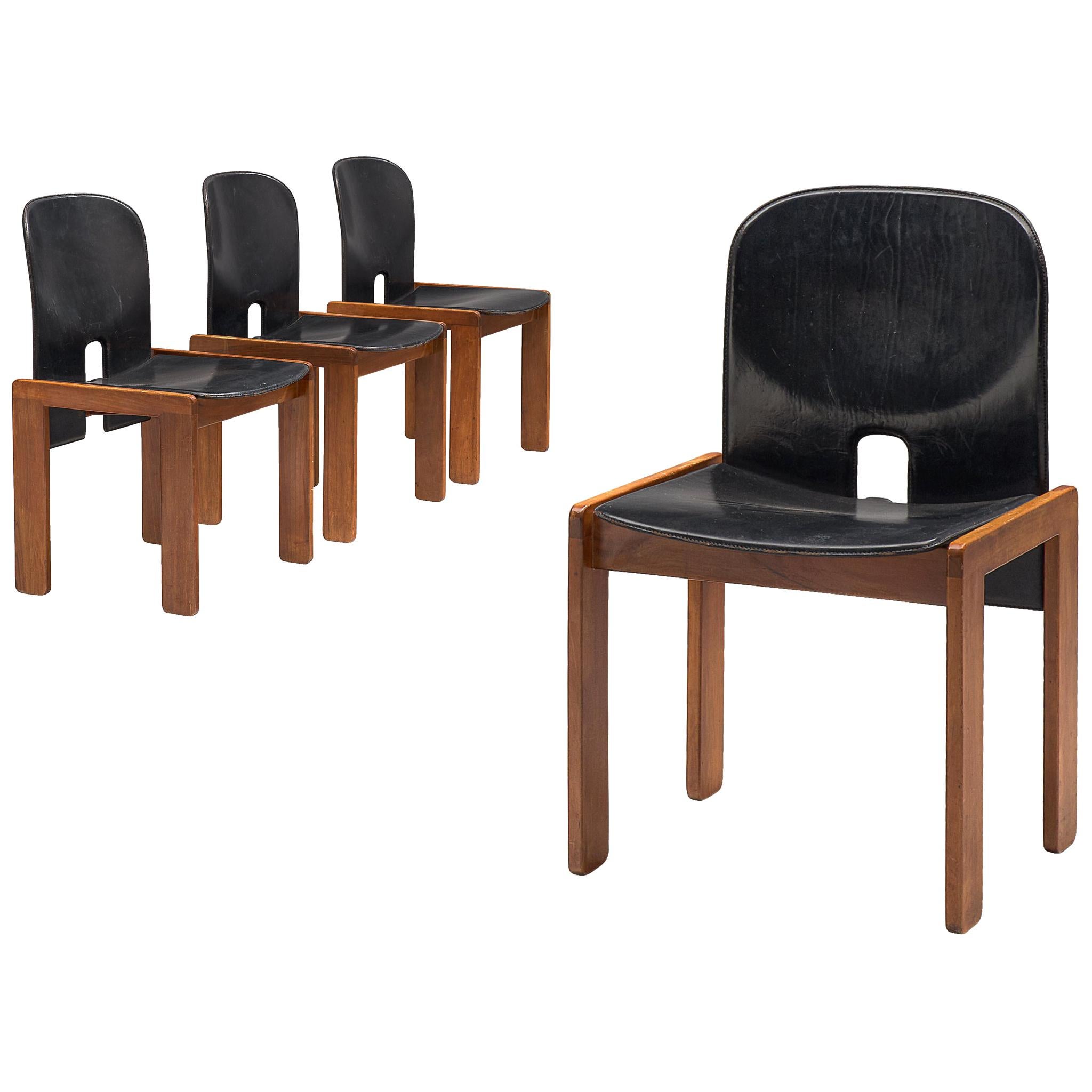 Set of Four Afra and Tobia Scarpa Chairs in Black Leather and Walnut