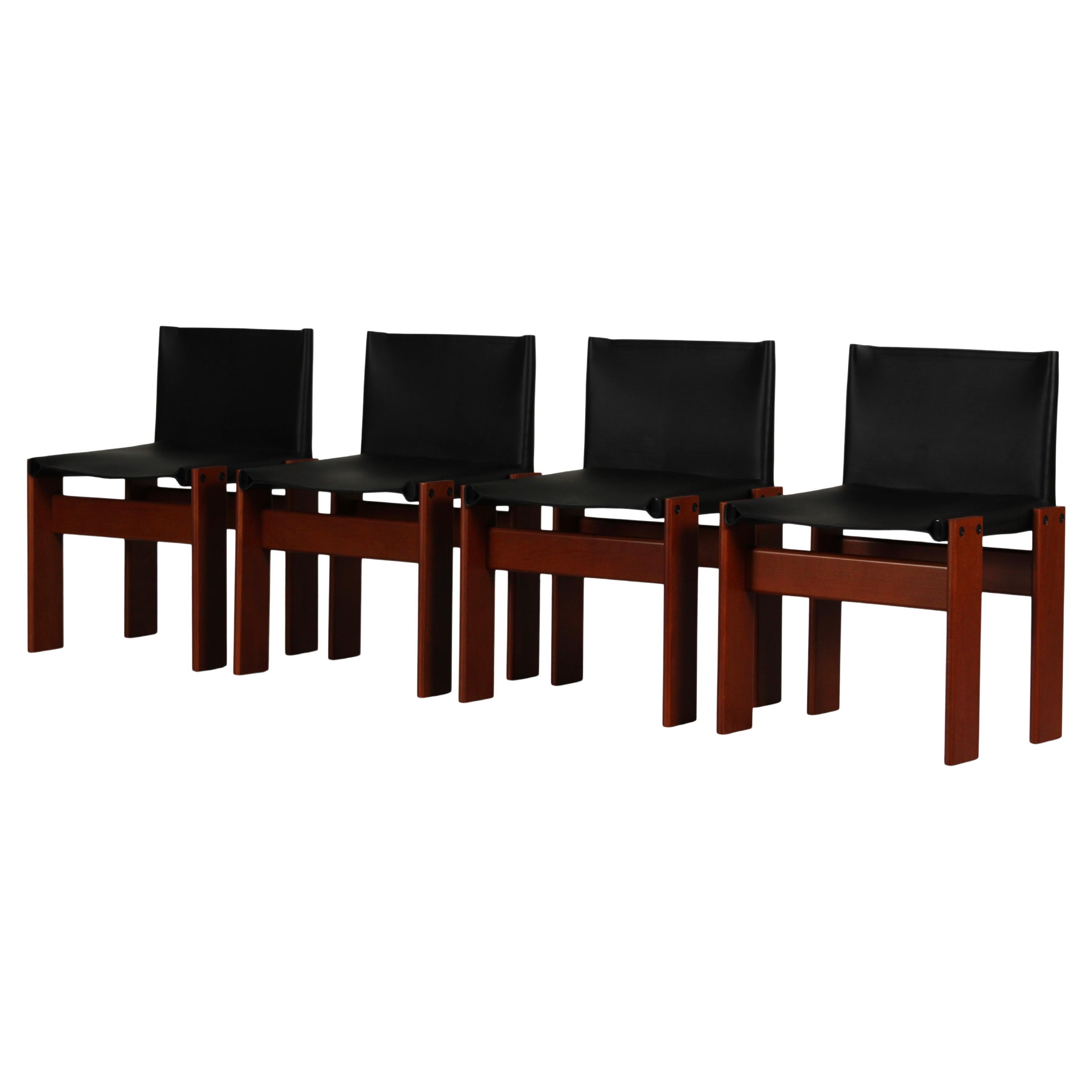Set of Four Afra 
Tobia Scarpa “Monk” Chairs for Molteni, Black Leather , 1973 in vendita