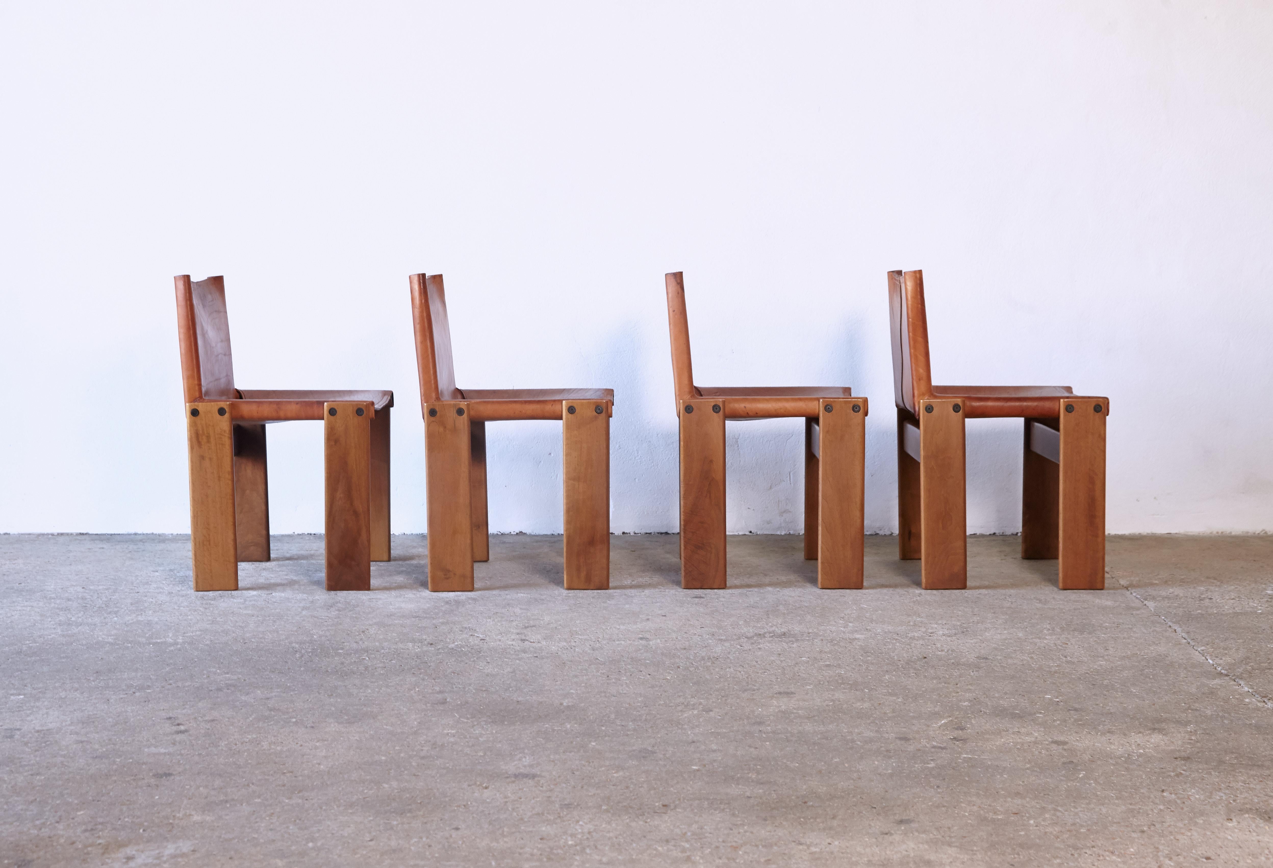 Leather Set of Four Afra & Tobia Scarpa Monk Dining Chairs, Italy, 1970s