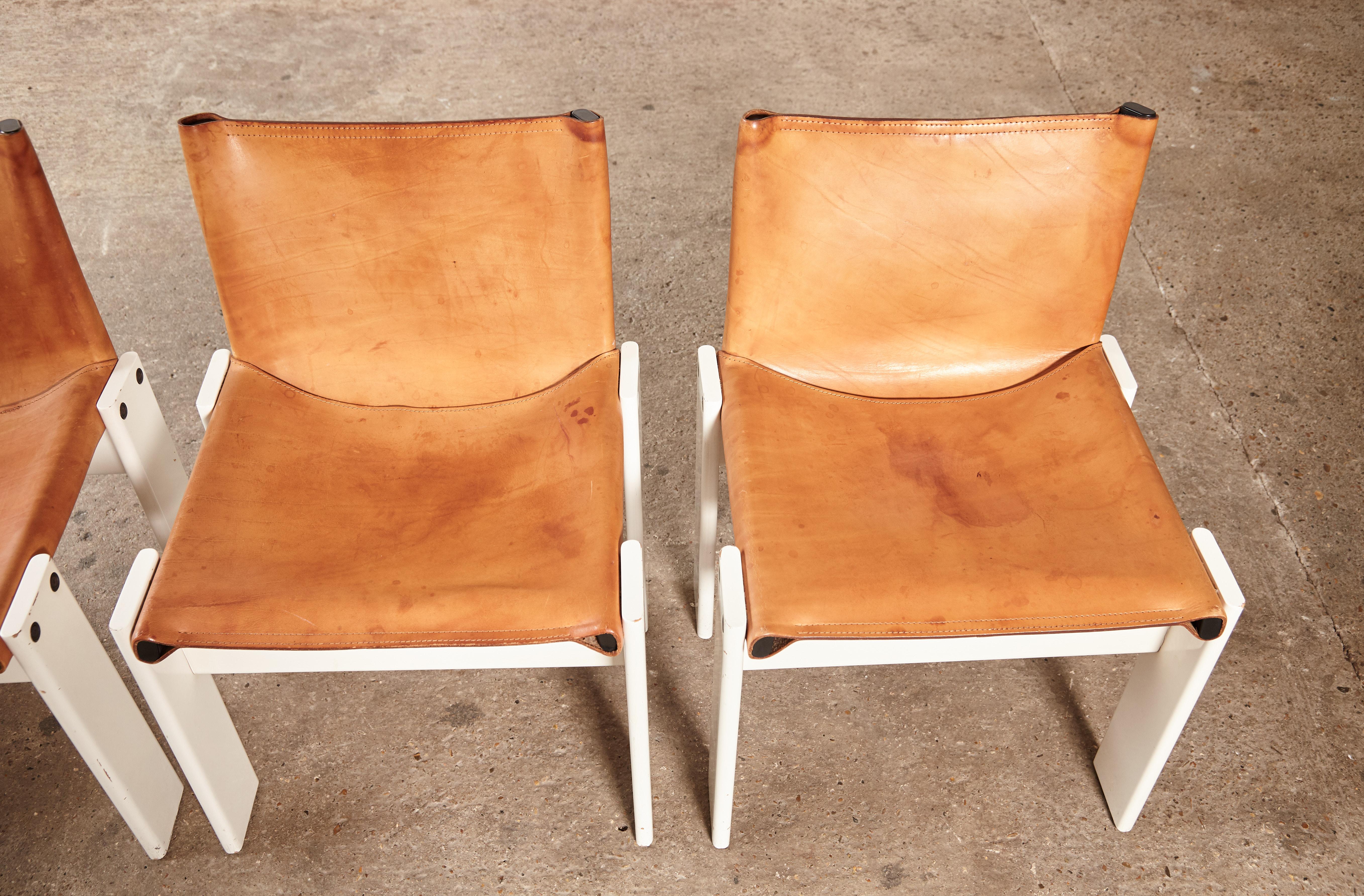 Set of Four Afra & Tobia Scarpa Monk Dining Chairs, Tan Leather, Italy, 1970s 4
