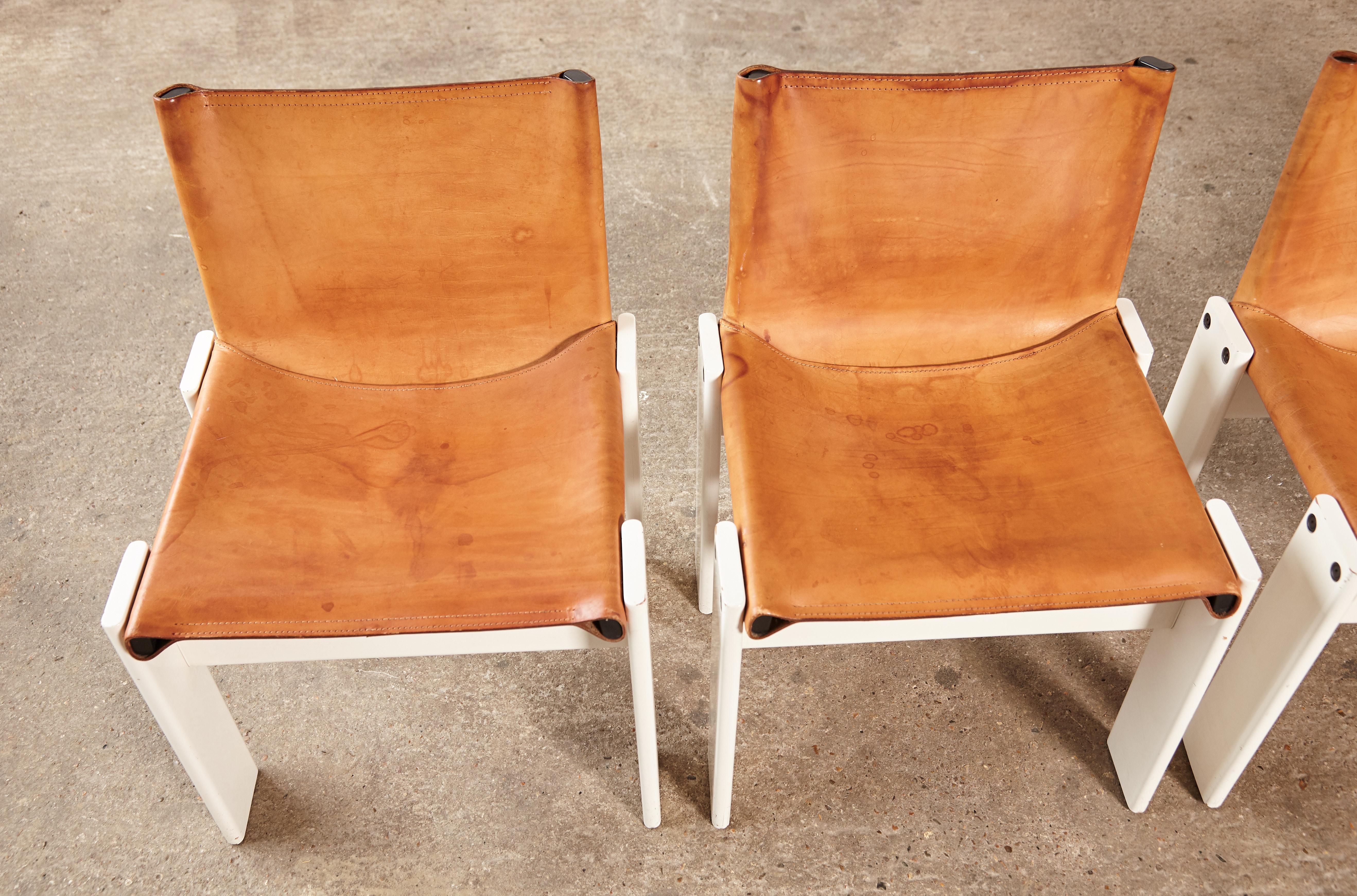 Set of Four Afra & Tobia Scarpa Monk Dining Chairs, Tan Leather, Italy, 1970s 5