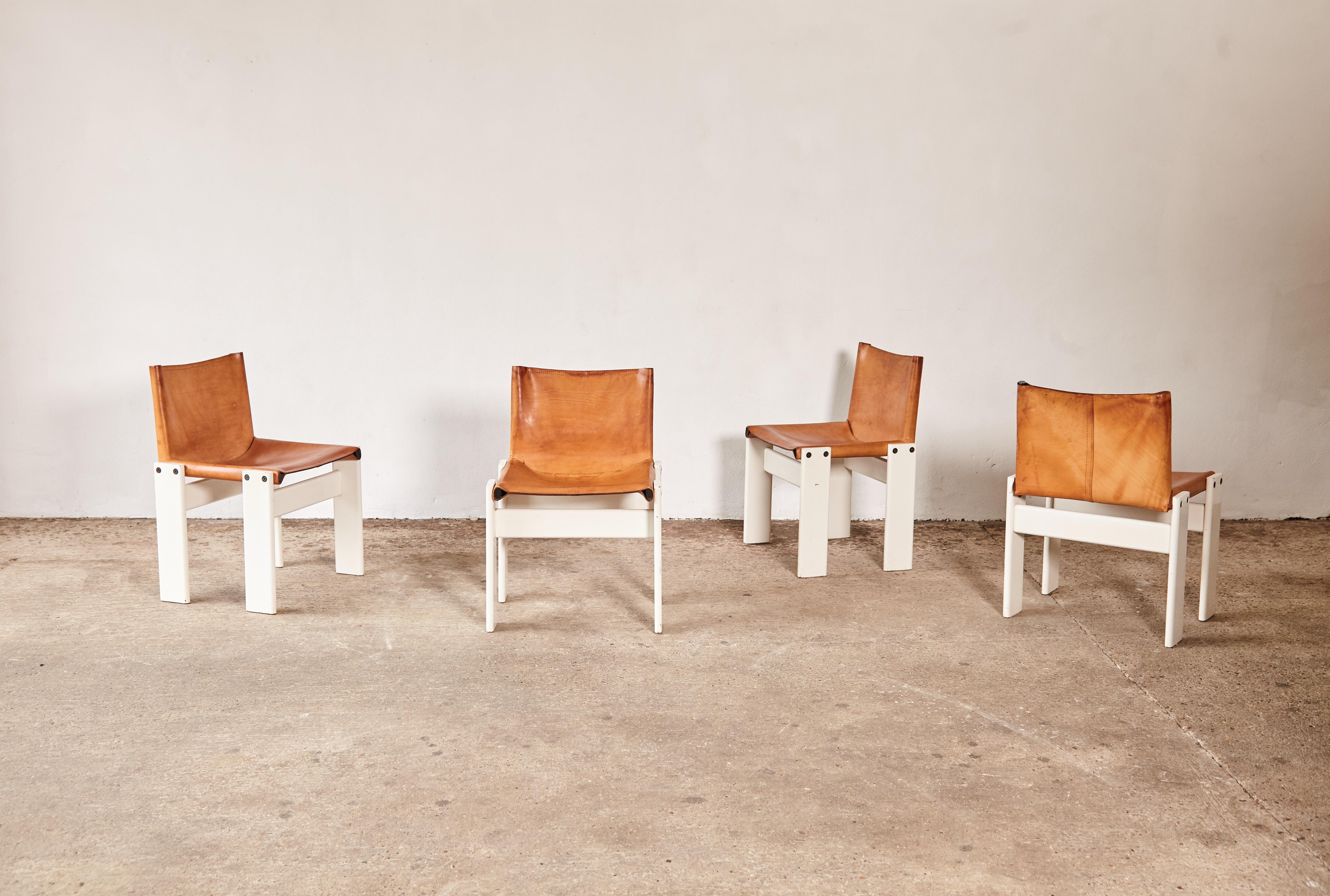 A superb set of four Afra & Tobia Scarpa monk dining chairs, Italy, 1970s. A very nice patina to the leather and with rarely seen white frames. Fast shipping worldwide.




UK customers please note:    displayed prices do not include VAT.




Please