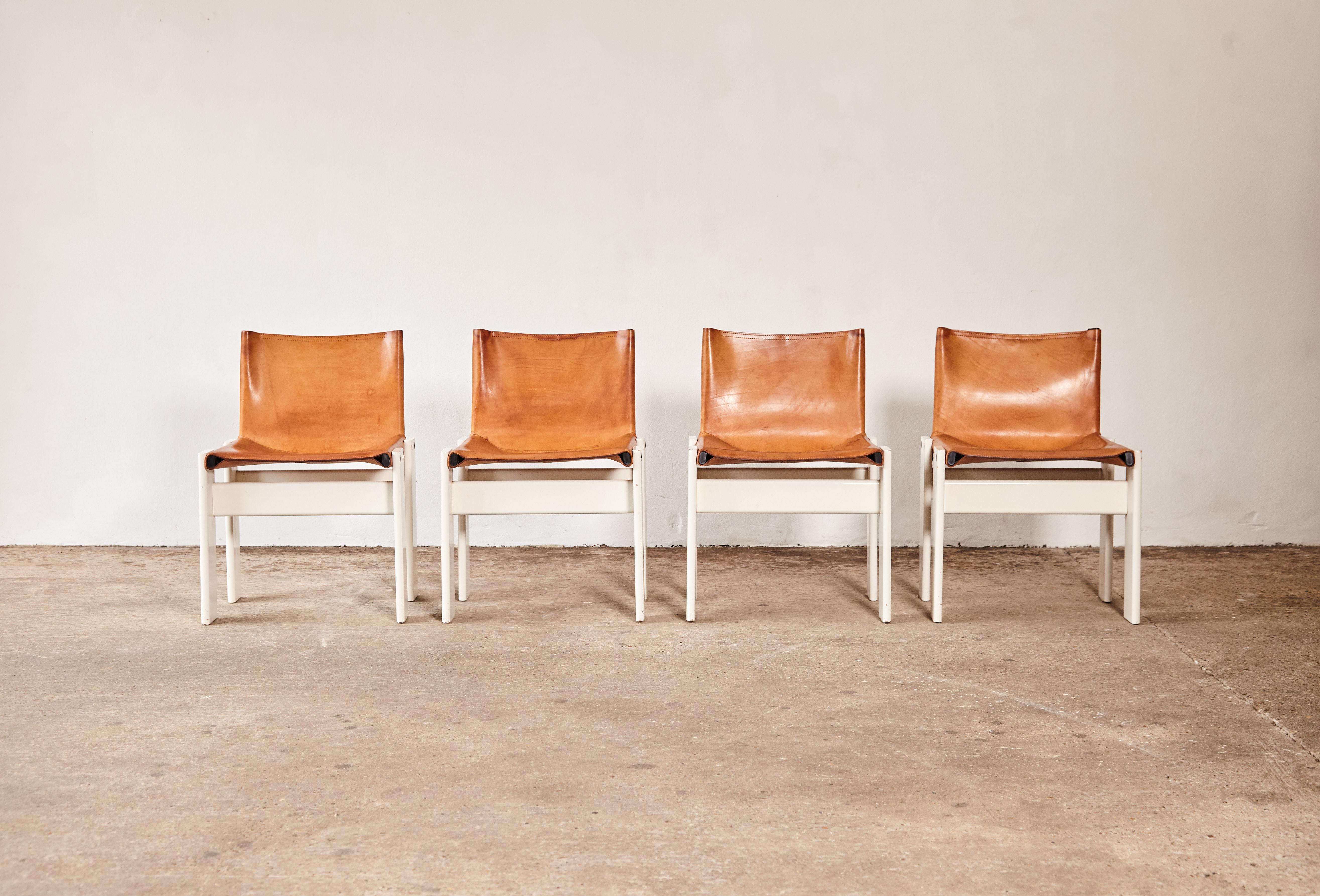 Mid-Century Modern Set of Four Afra & Tobia Scarpa Monk Dining Chairs, Tan Leather, Italy, 1970s