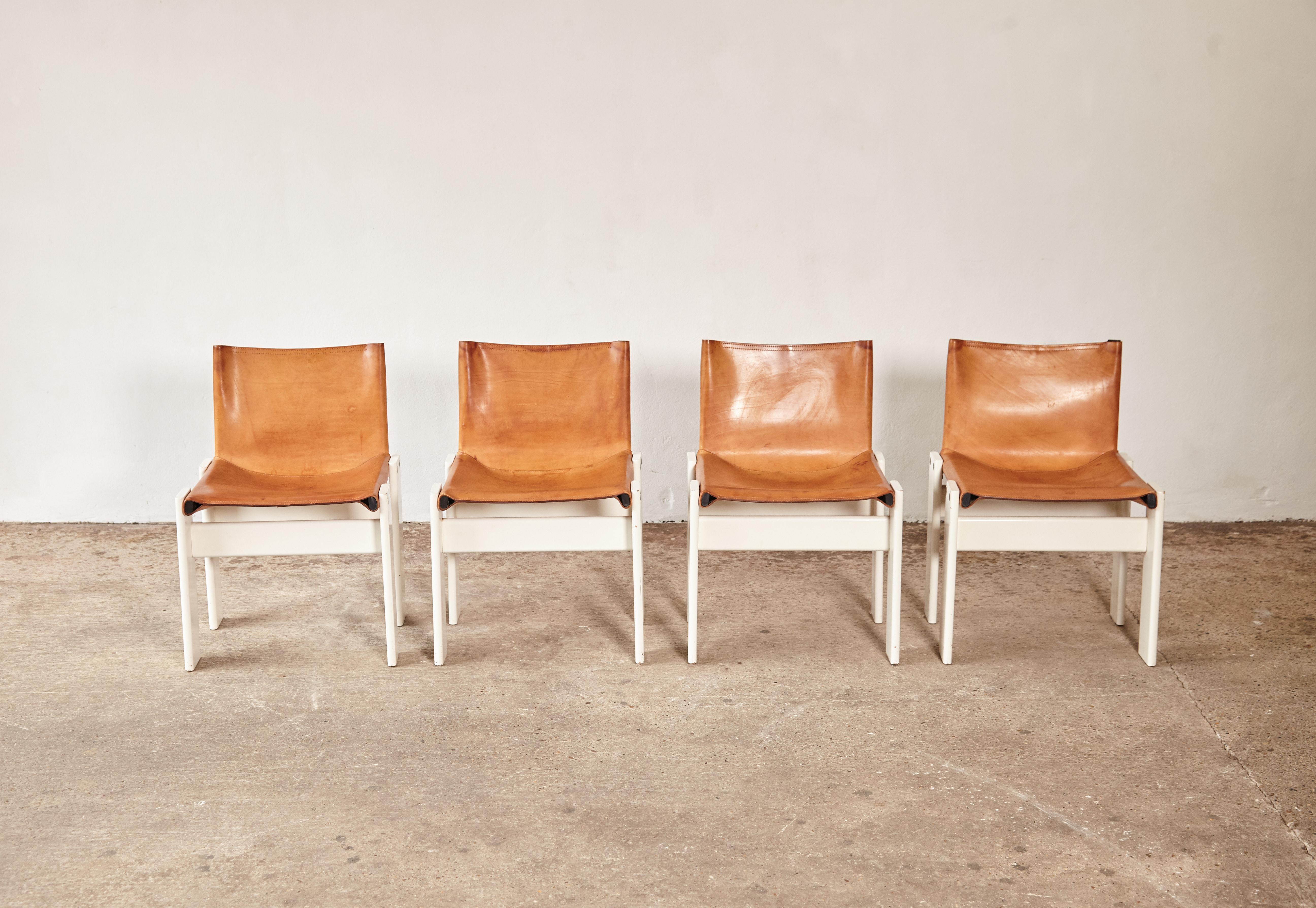 Set of Four Afra & Tobia Scarpa Monk Dining Chairs, Tan Leather, Italy, 1970s In Good Condition In London, GB