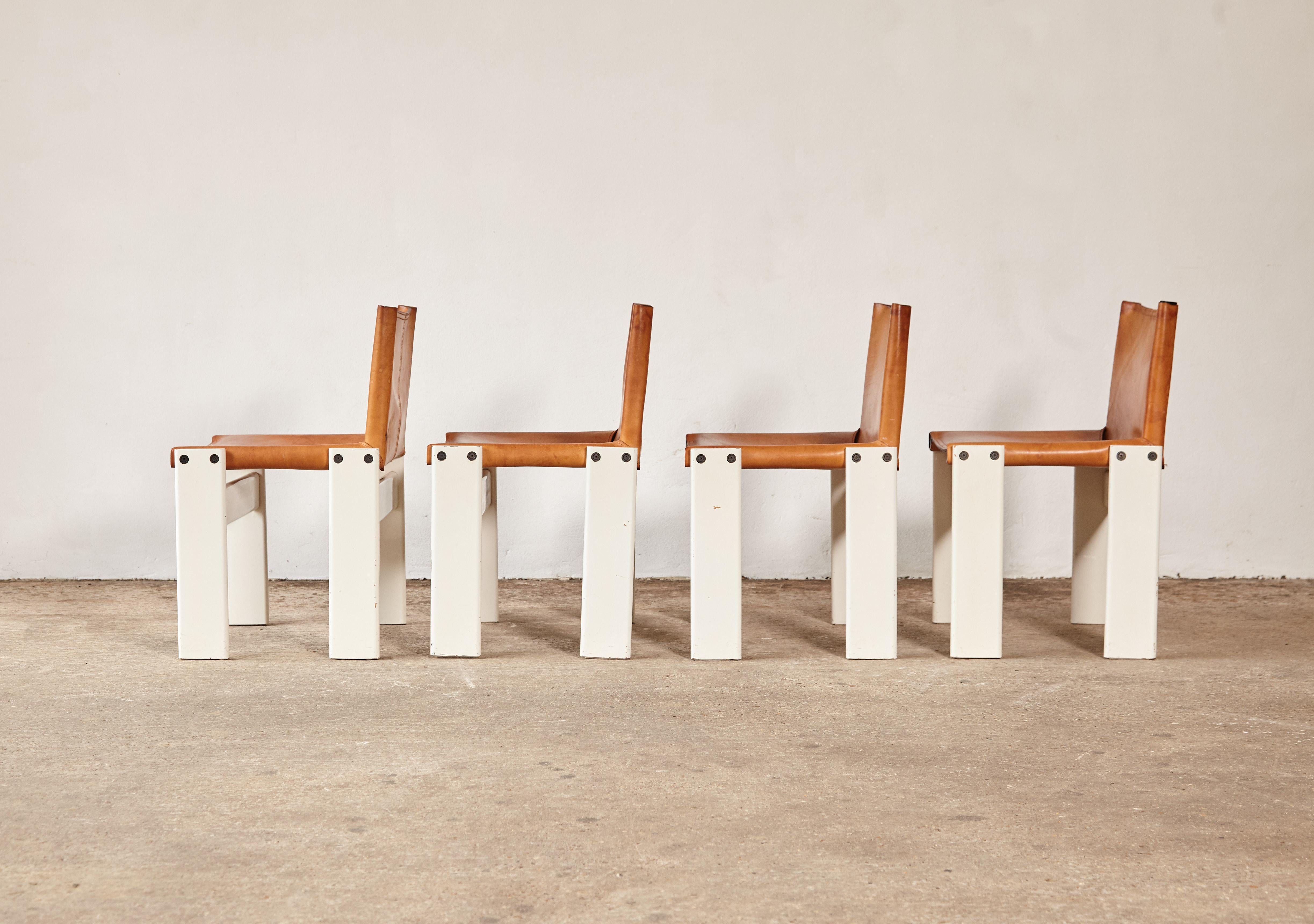 20th Century Set of Four Afra & Tobia Scarpa Monk Dining Chairs, Tan Leather, Italy, 1970s