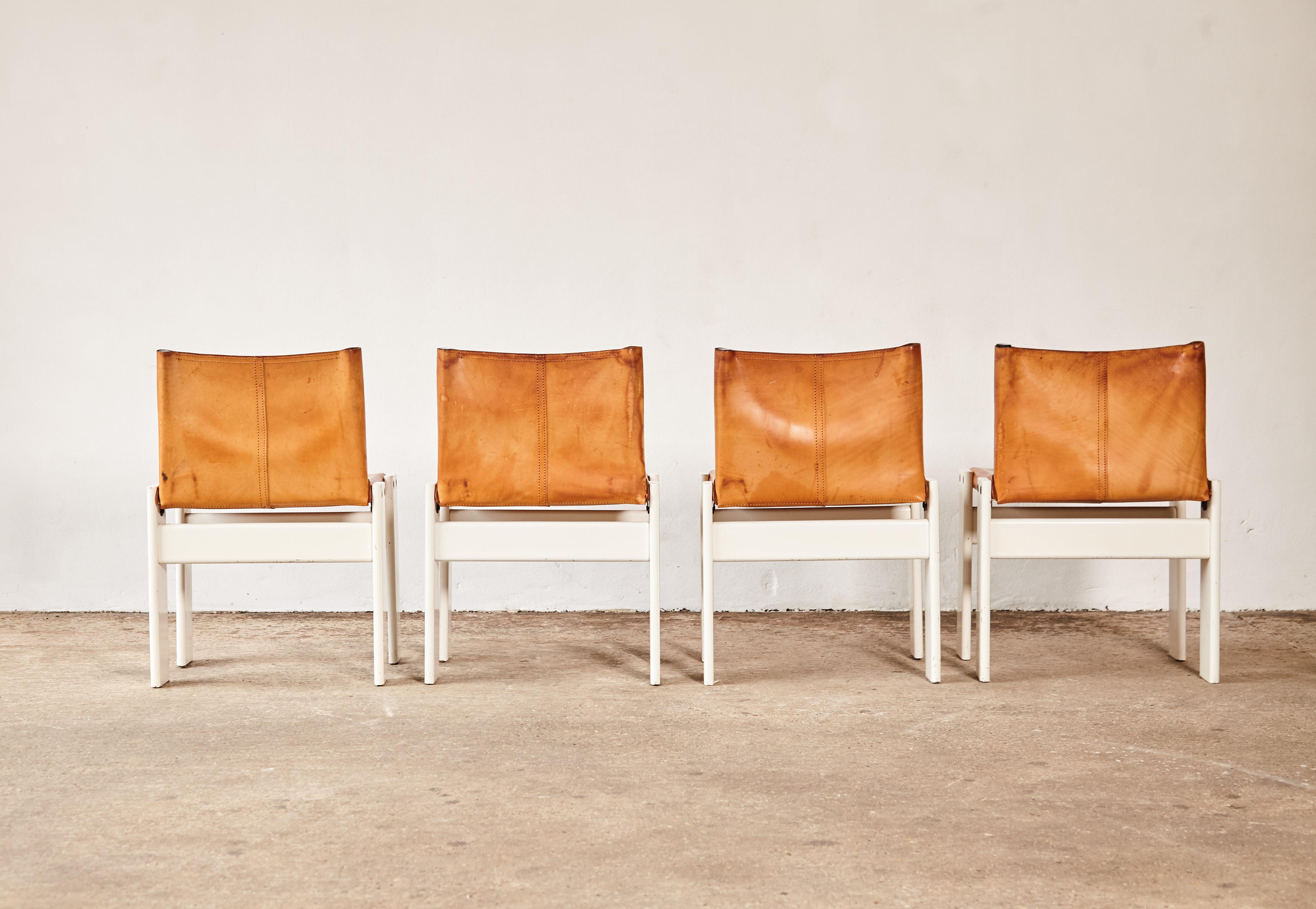 Set of Four Afra & Tobia Scarpa Monk Dining Chairs, Tan Leather, Italy, 1970s 1