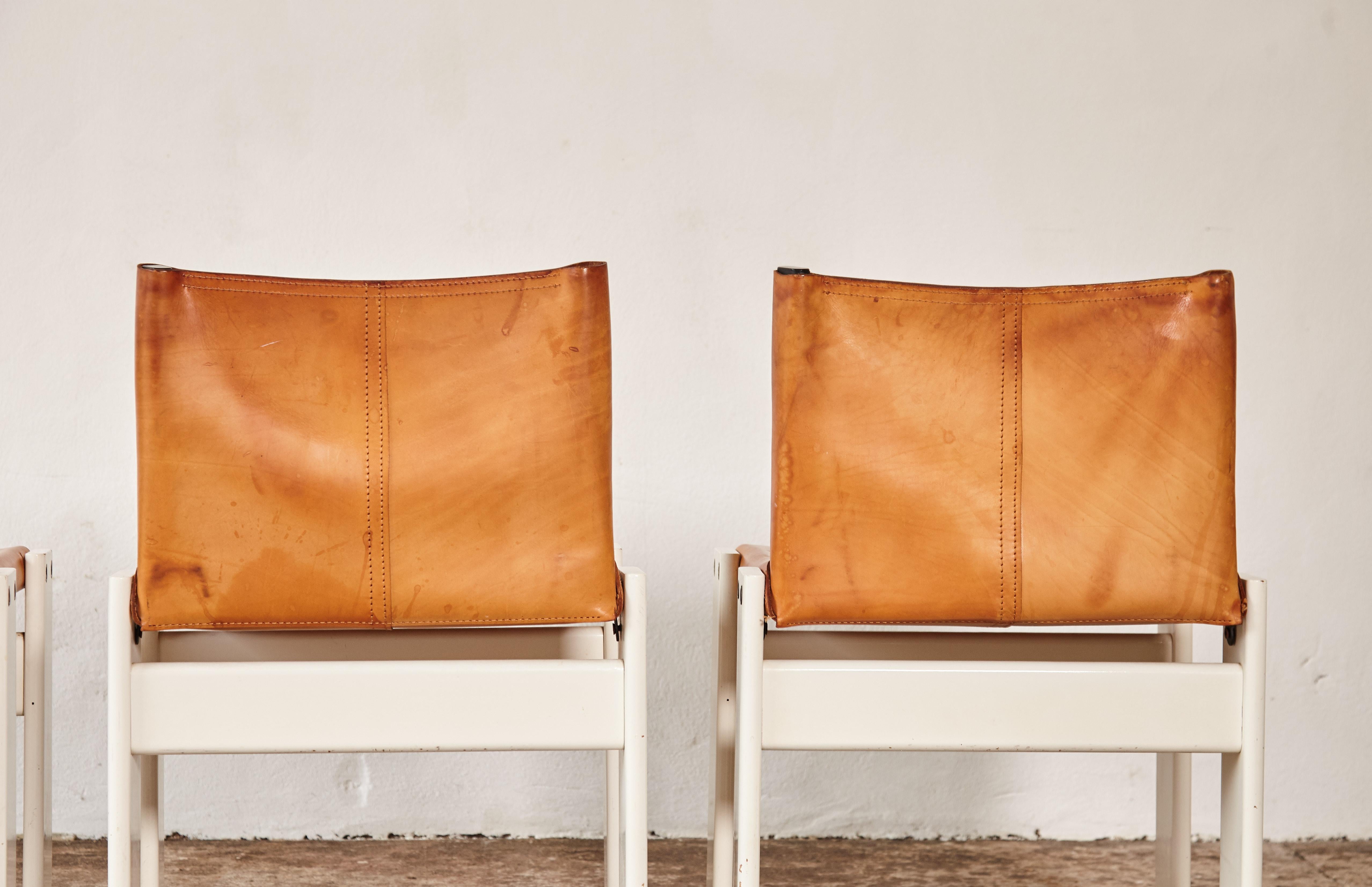 Set of Four Afra & Tobia Scarpa Monk Dining Chairs, Tan Leather, Italy, 1970s 2
