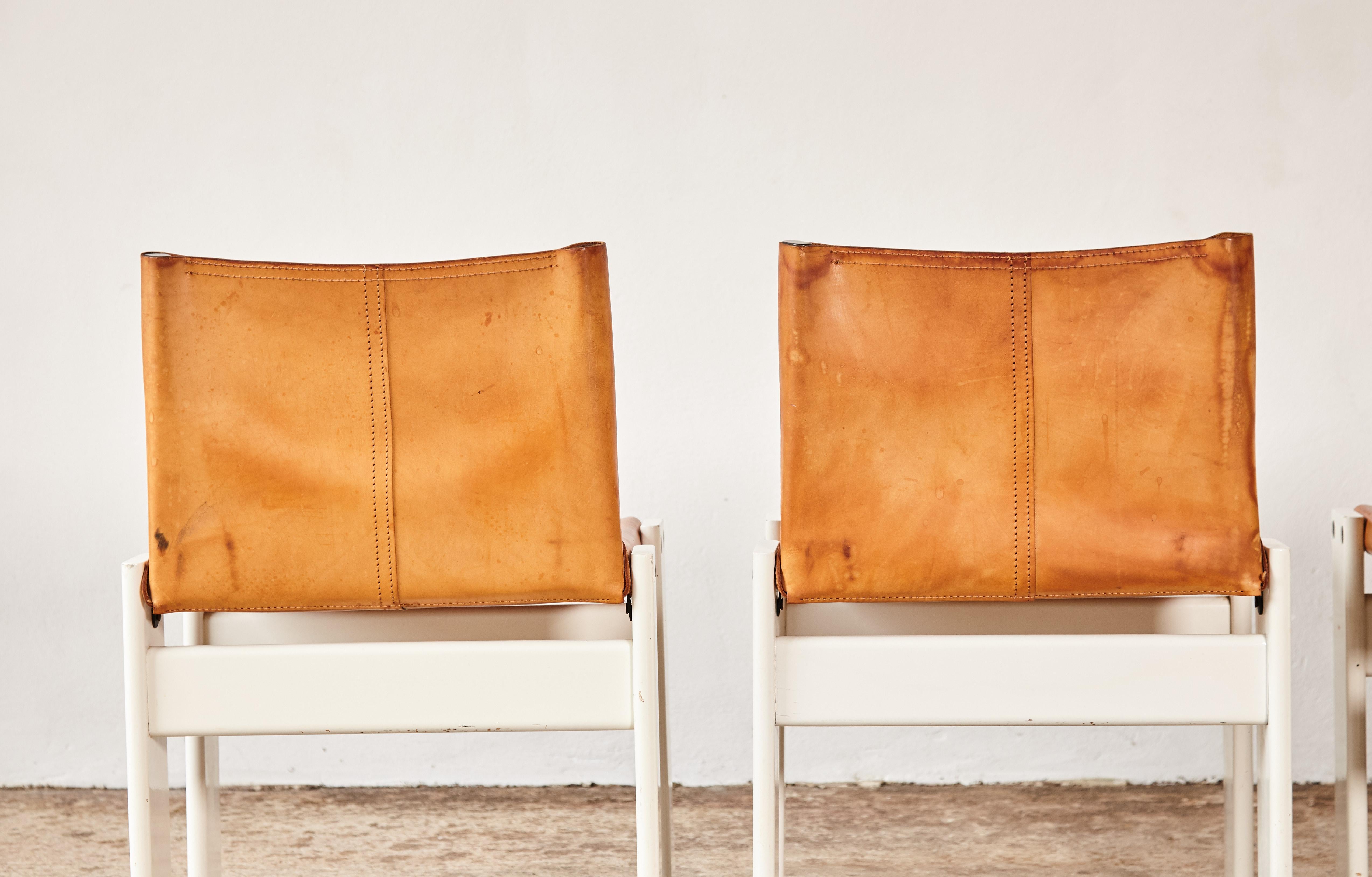 Set of Four Afra & Tobia Scarpa Monk Dining Chairs, Tan Leather, Italy, 1970s 3