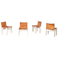 Set of Four Afra & Tobia Scarpa Monk Dining Chairs, Tan Leather, Italy, 1970s