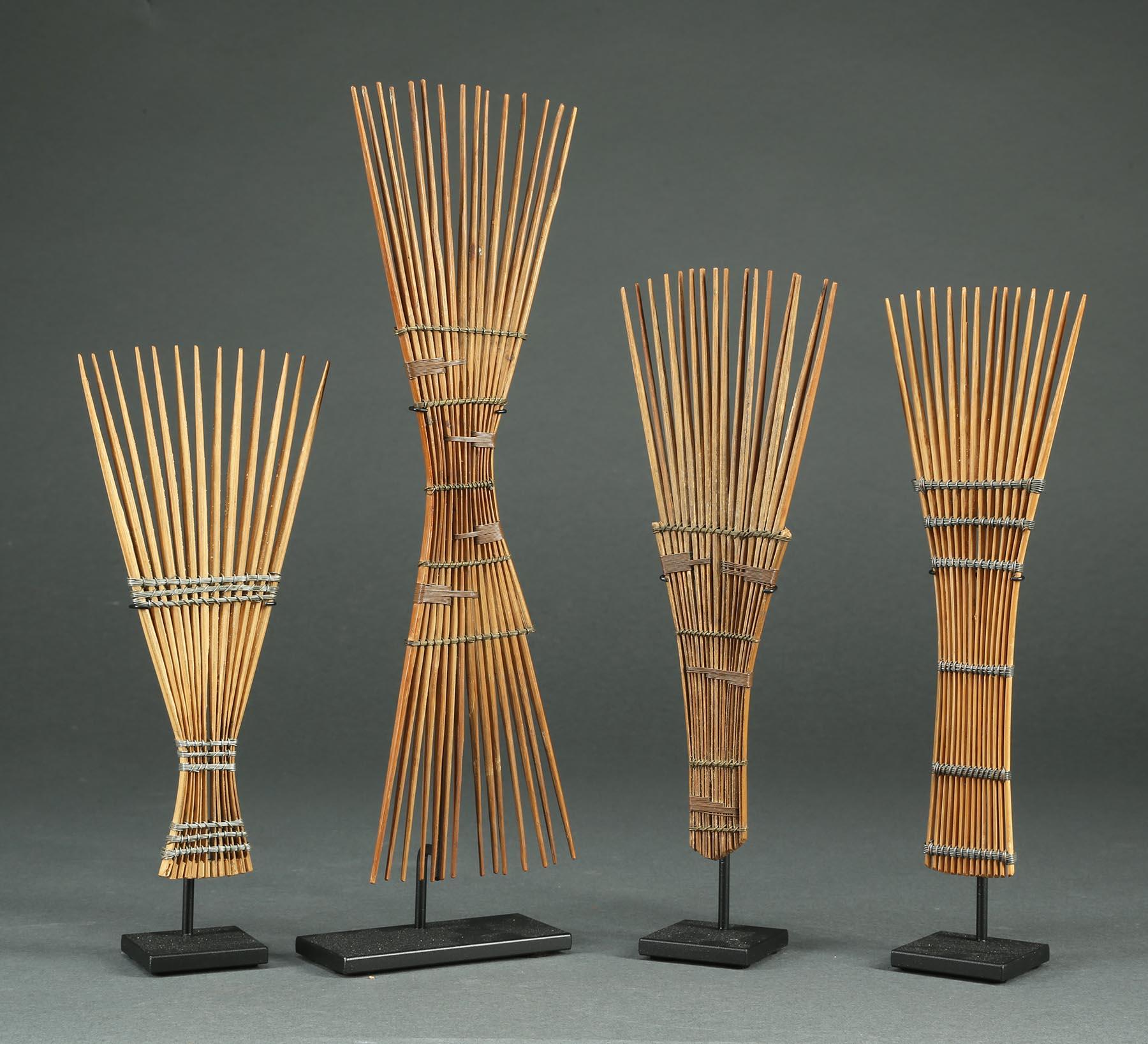 Hand-Crafted Set of Four African Tribal Combs with Wirework, Congo, Early 20th Century Stands
