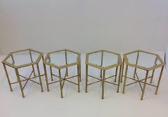 Set of Four Aged Brass and Glass Hexagonal Side Tables by Mastercraft