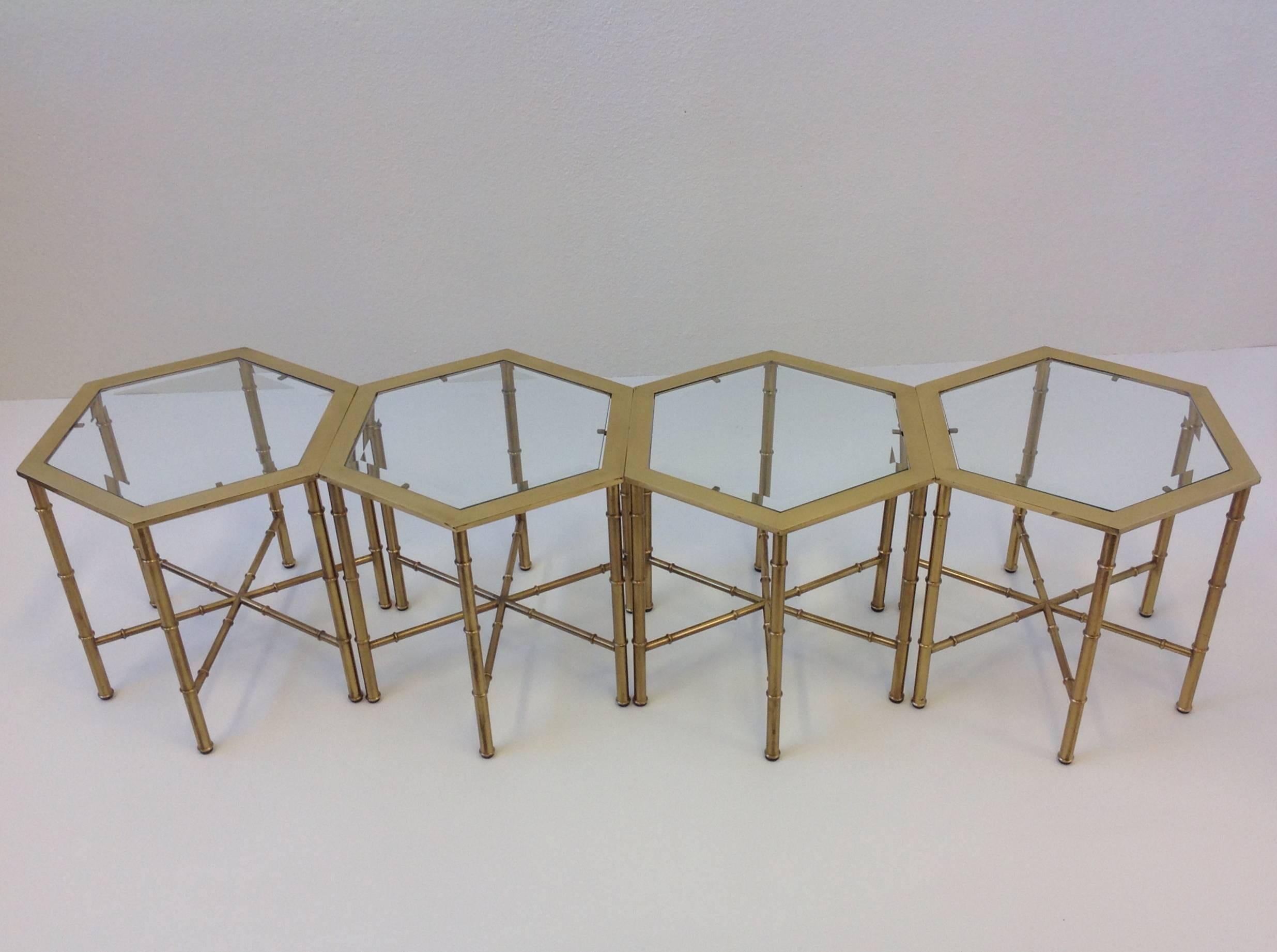 Hollywood Regency Set of Four Aged Brass and Glass Hexagonal Side Tables by Mastercraft