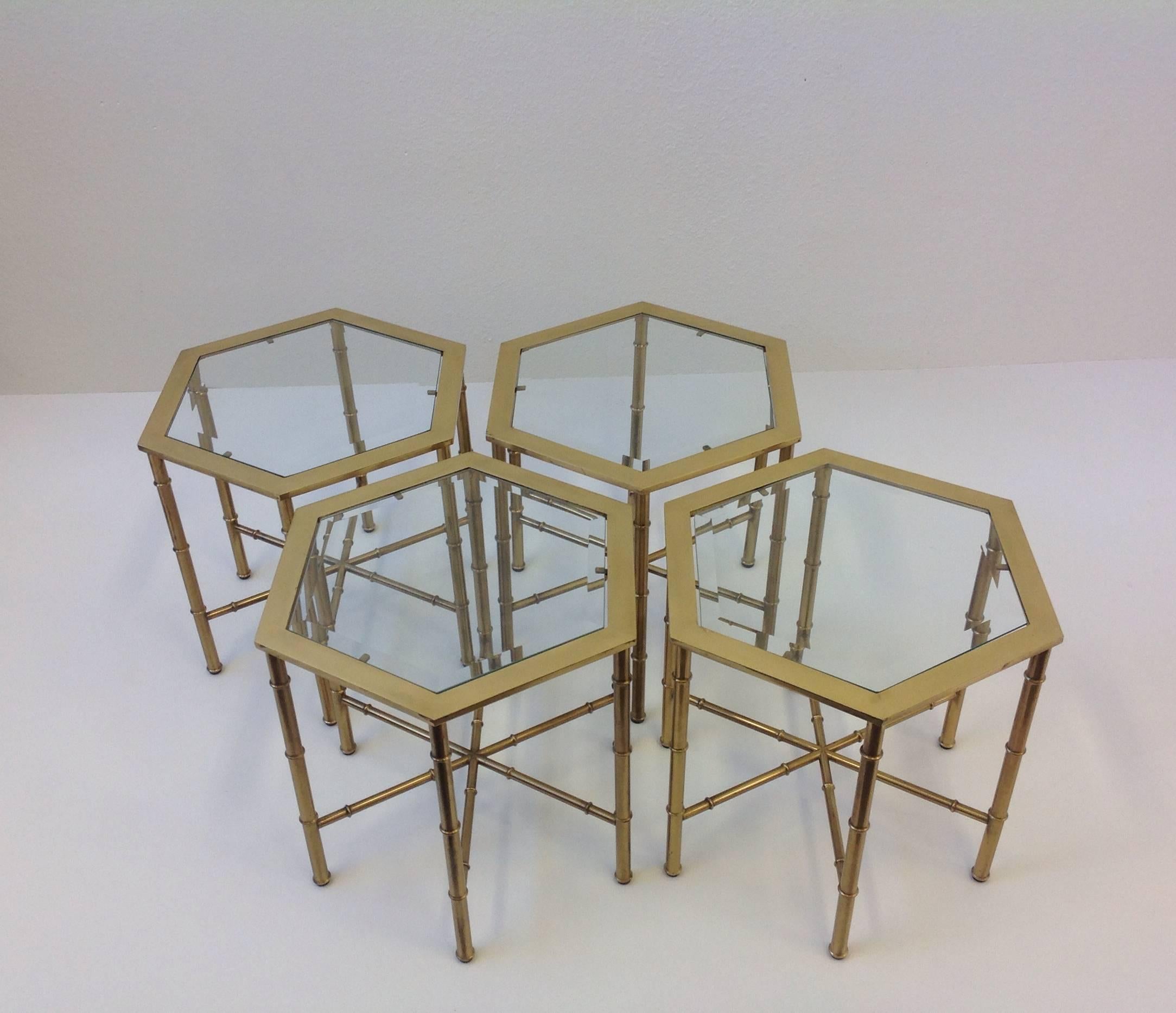 Italian Set of Four Aged Brass and Glass Hexagonal Side Tables by Mastercraft