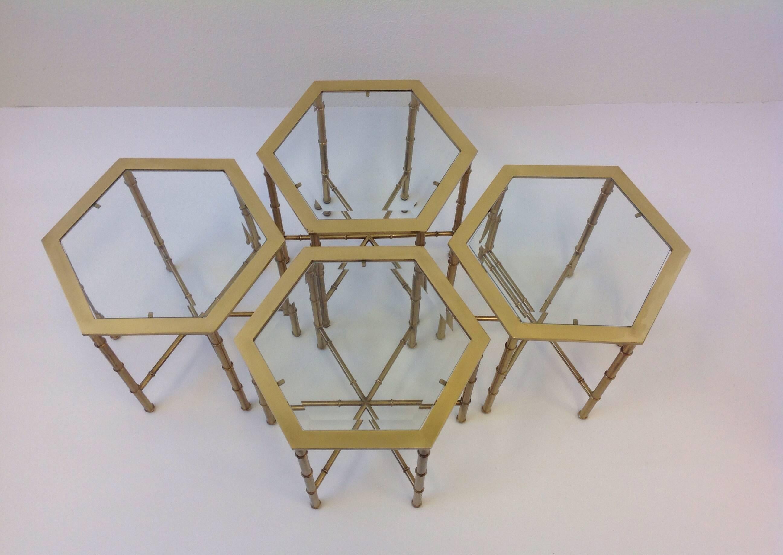 Beveled Set of Four Aged Brass and Glass Hexagonal Side Tables by Mastercraft