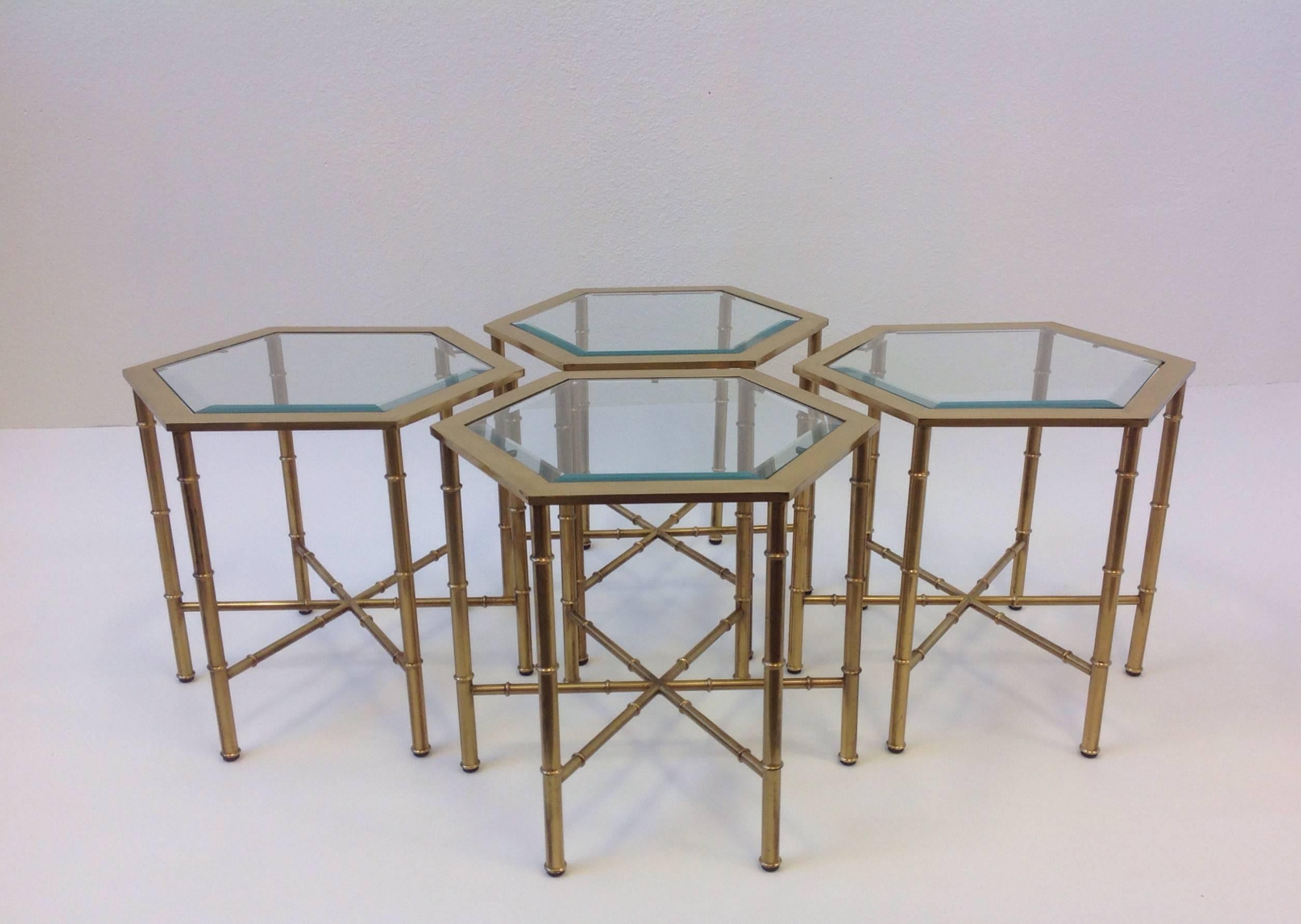 Set of Four Aged Brass and Glass Hexagonal Side Tables by Mastercraft In Excellent Condition In Palm Springs, CA