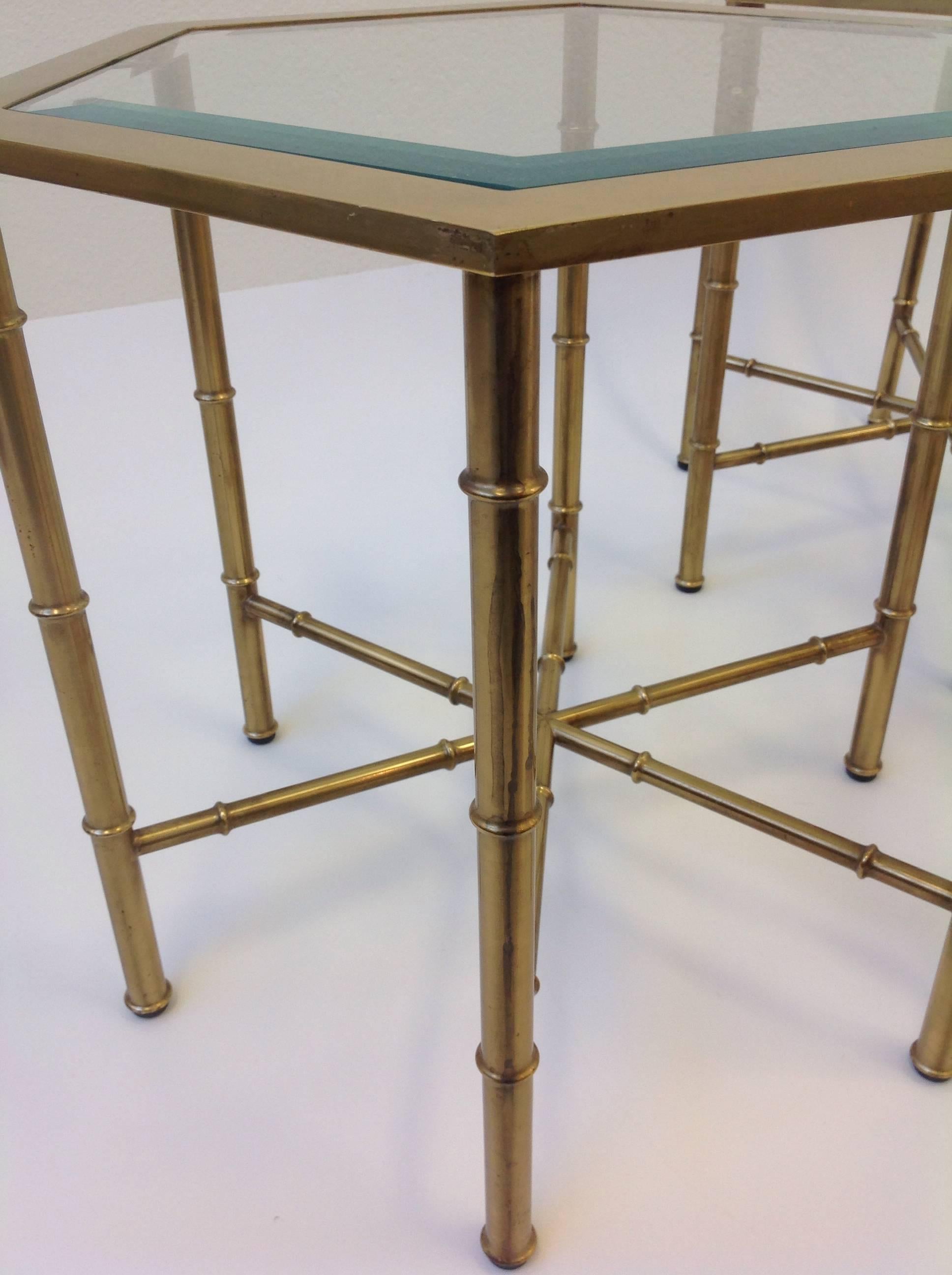 Set of Four Aged Brass and Glass Hexagonal Side Tables by Mastercraft 1