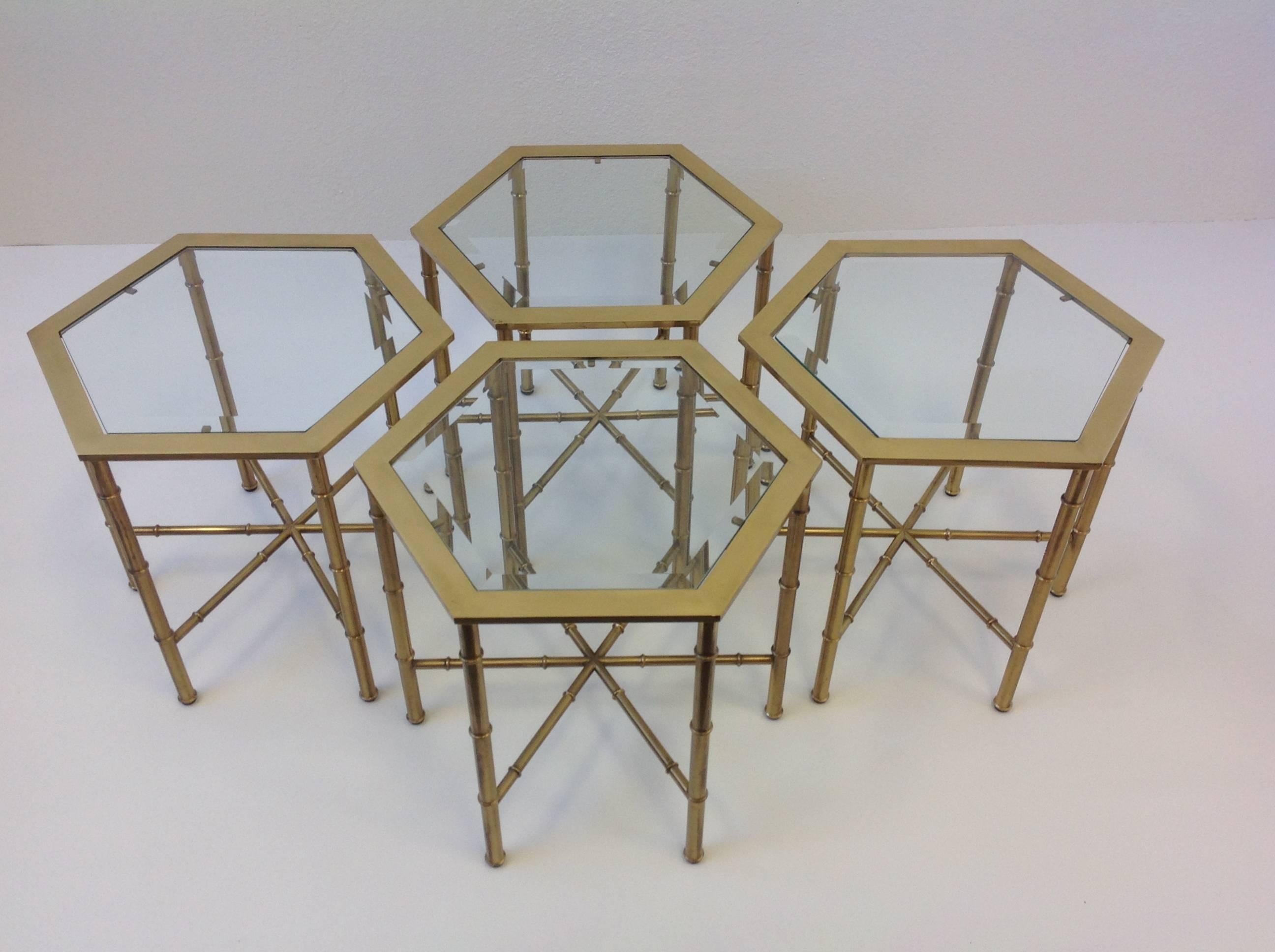 Set of Four Aged Brass and Glass Hexagonal Side Tables by Mastercraft 2