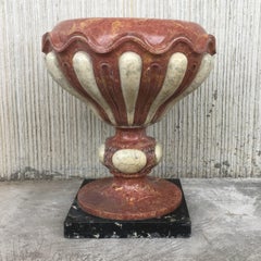 Set of Four Aged Pink Marble Hand Carved Planters with Serpentine White Inlays