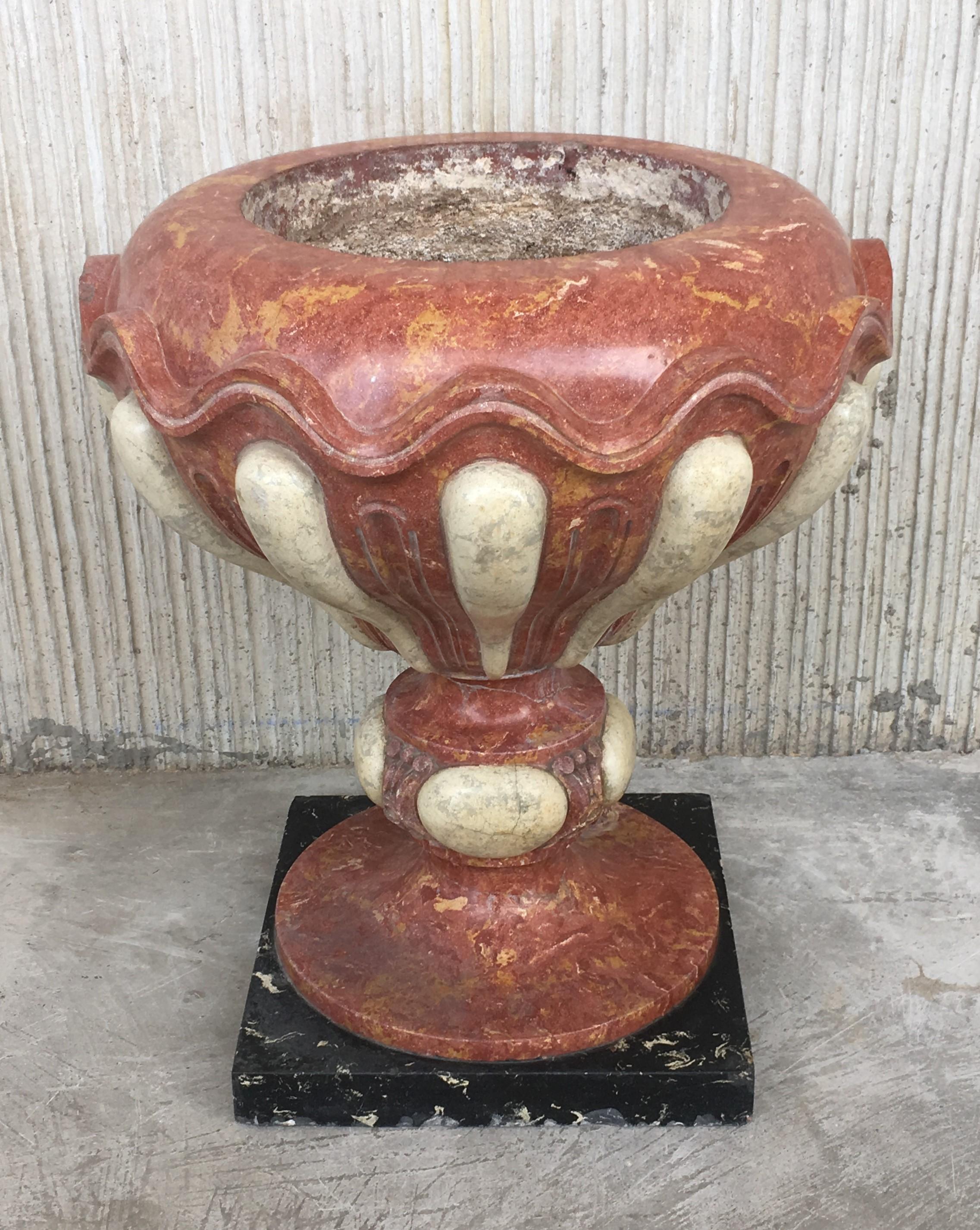 Spanish Set of Four Aged Pink Marble Hand Carved Planters with Serpentine White Inlays For Sale