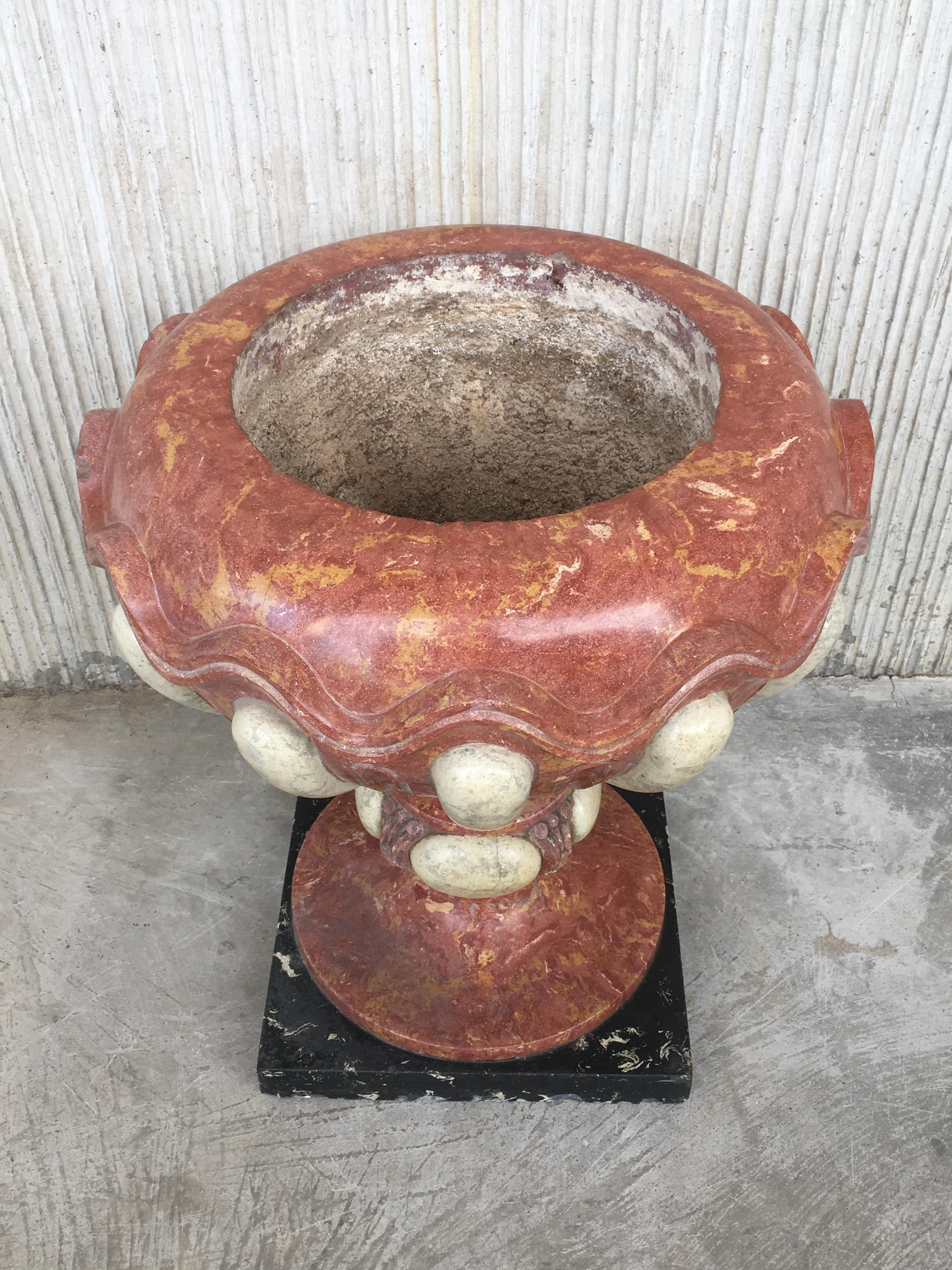 20th Century Set of Four Aged Pink Marble Hand Carved Planters with Serpentine White Inlays For Sale
