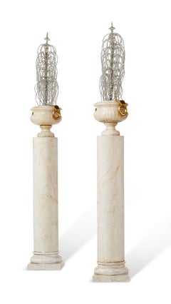Set of Four Alabaster Urns with Beaded Glass Ornaments on Pedestals
