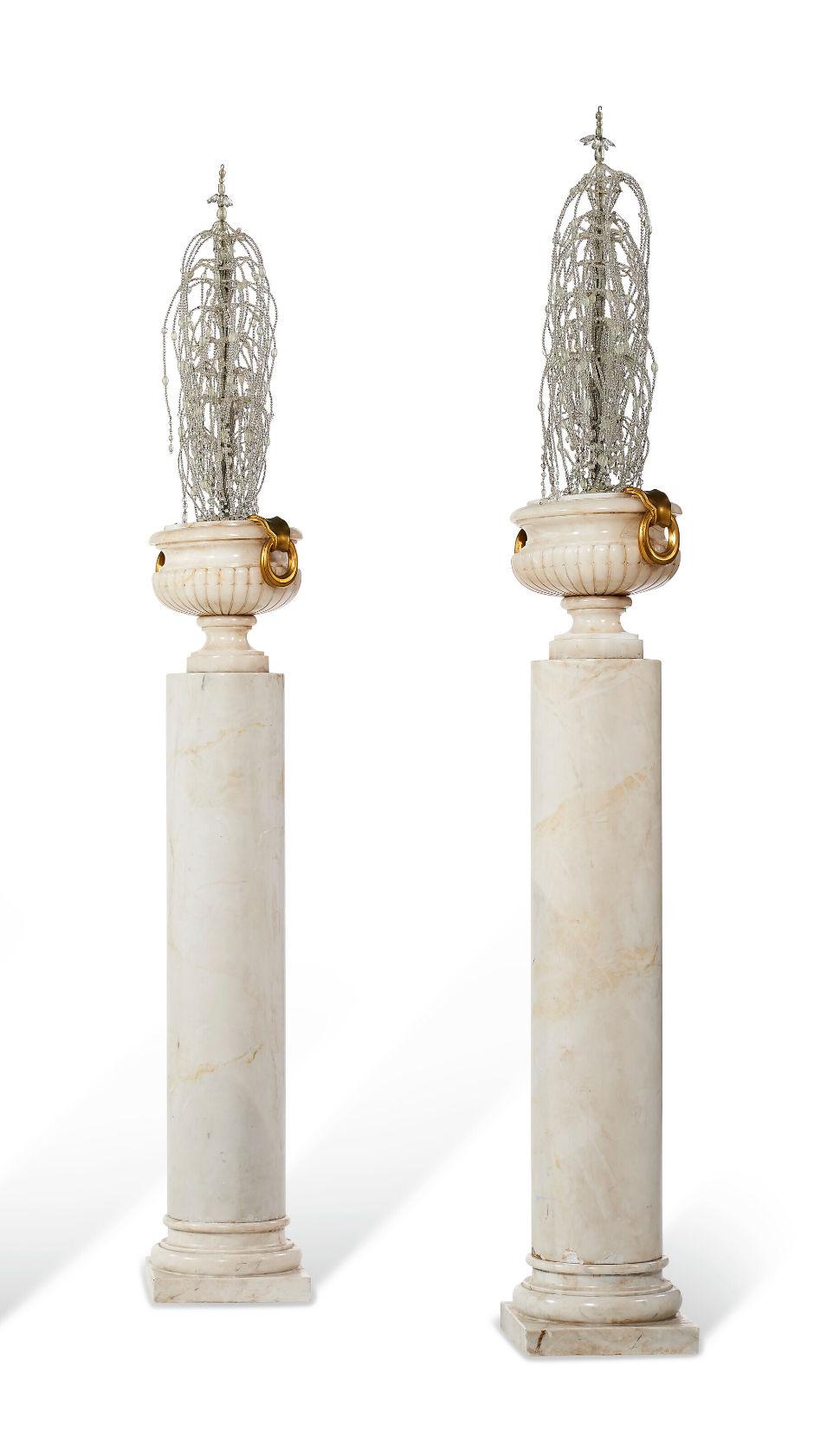 Neoclassical Set of Four Alabaster Urns with Beaded Glass Ornaments on Pedestals For Sale