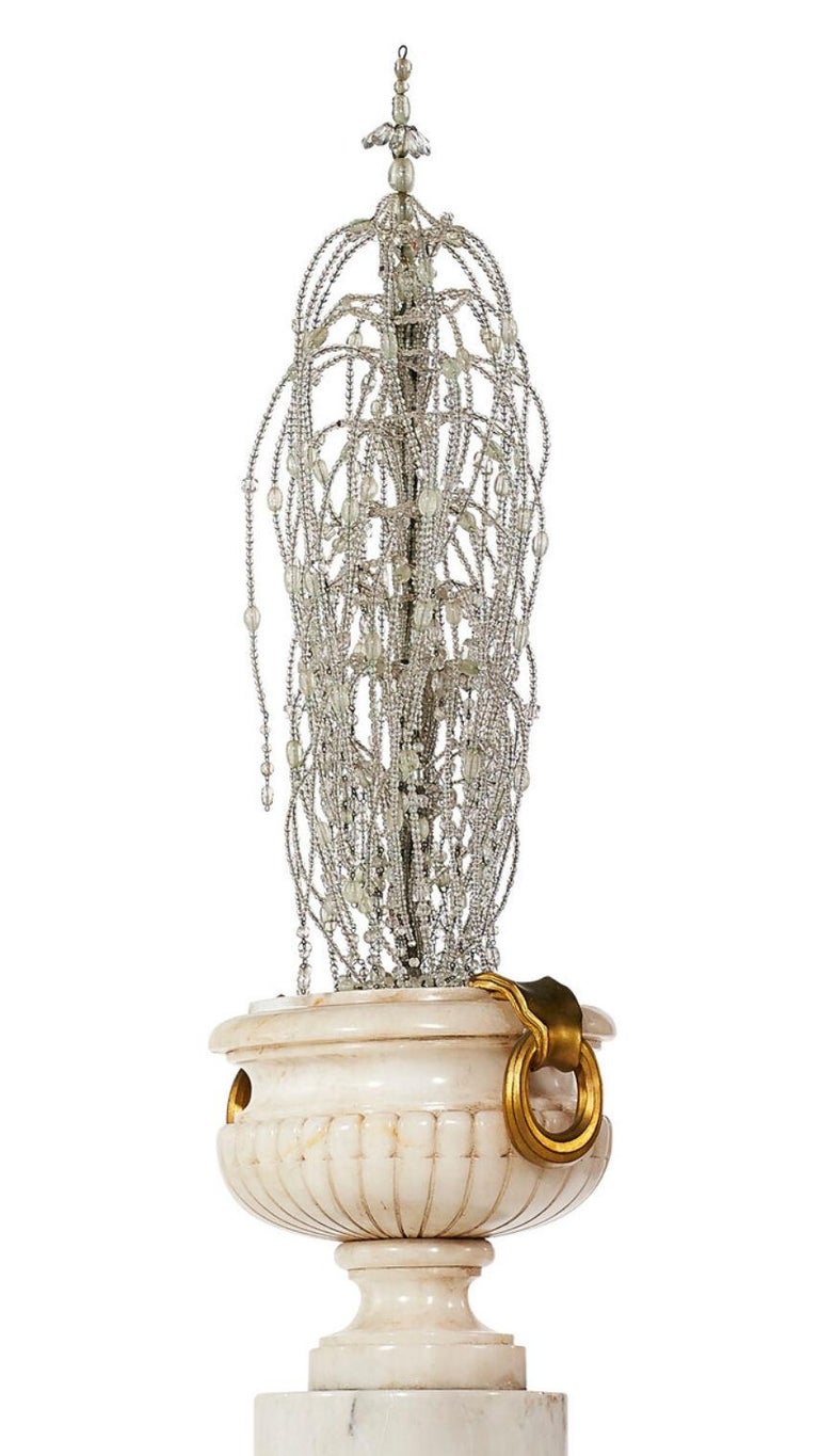 Set of Four Alabaster Urns with Beaded Glass Ornaments on Pedestals For