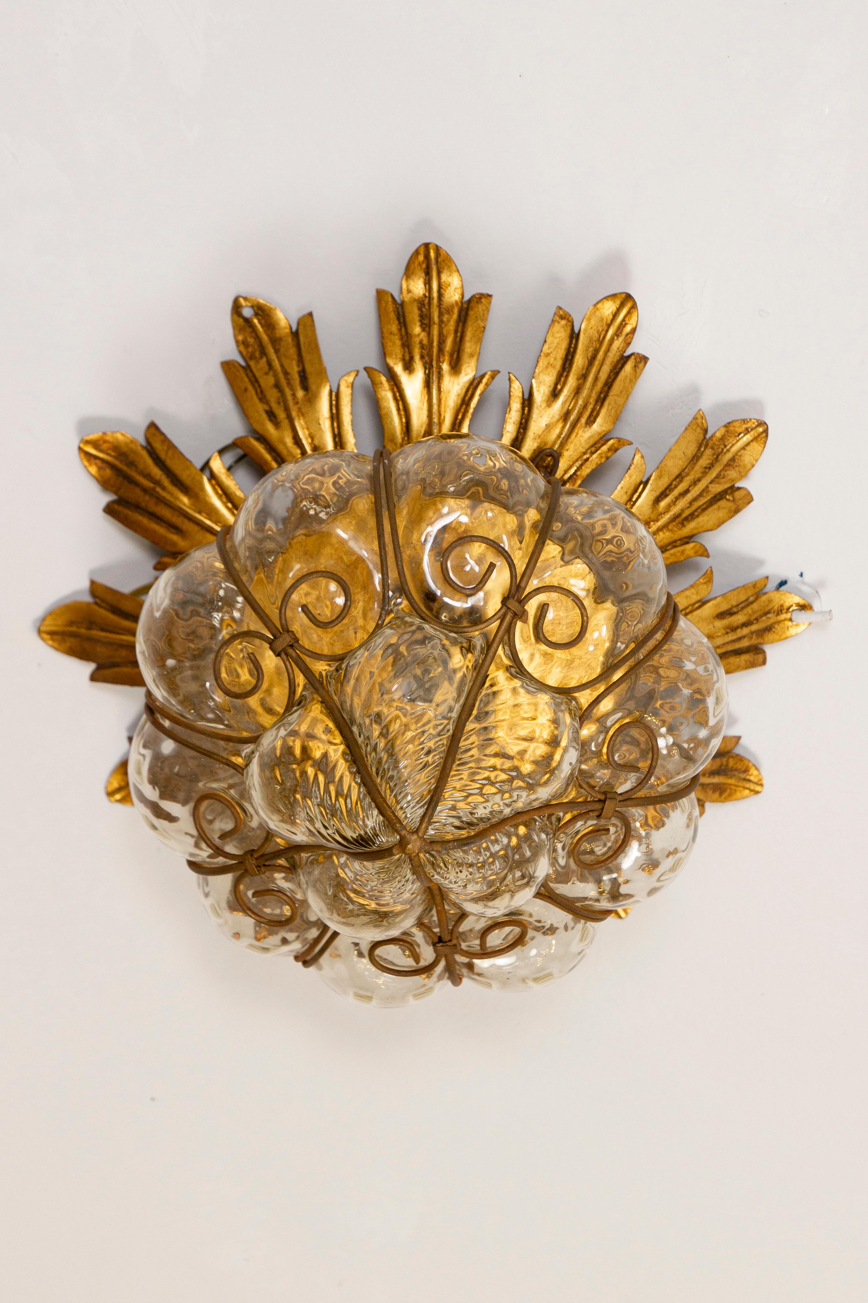 Brass Set of Four Amazing Venetian Ceiling Lights in Murano Glass, 1950s For Sale