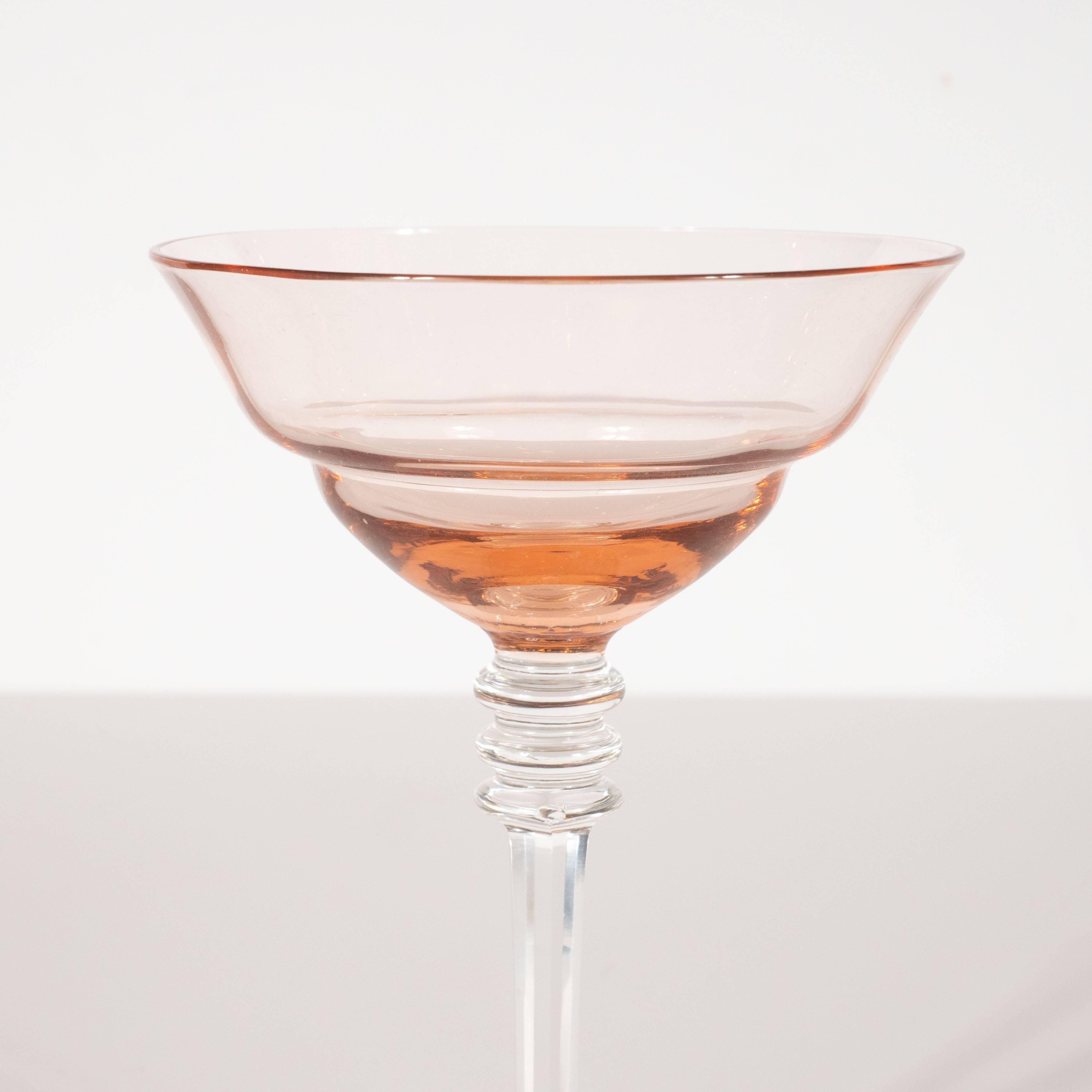 Mid-20th Century Set of Four American Art Deco Blush Rose and Translucent Glass Drinks Glasses