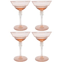 Set of Four American Art Deco Blush Rose and Translucent Glass Drinks Glasses