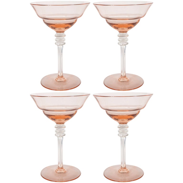 Set of Four American Art Deco Blush Rose and Translucent Glass Drinks