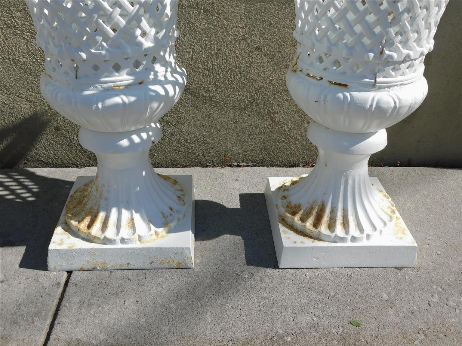 Set of Four American Campana Form Basket Weave Powered Coated Garden Urns, 1850 For Sale 3