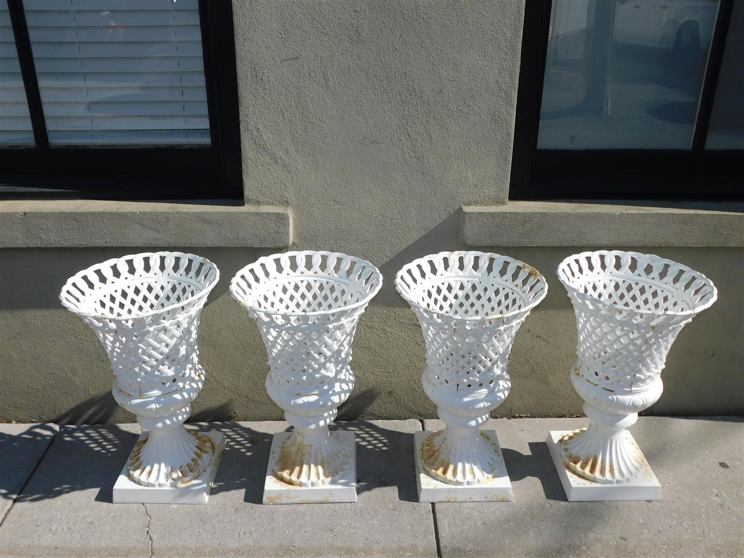 American Empire Set of Four American Campana Form Basket Weave Powered Coated Garden Urns, 1850 For Sale