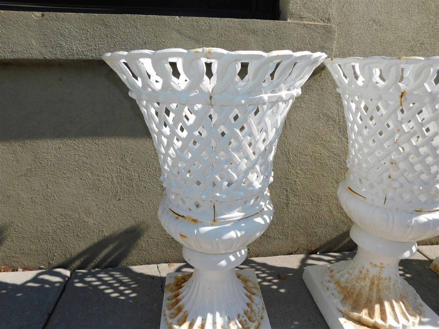 Mid-19th Century Set of Four American Campana Form Basket Weave Powered Coated Garden Urns, 1850 For Sale